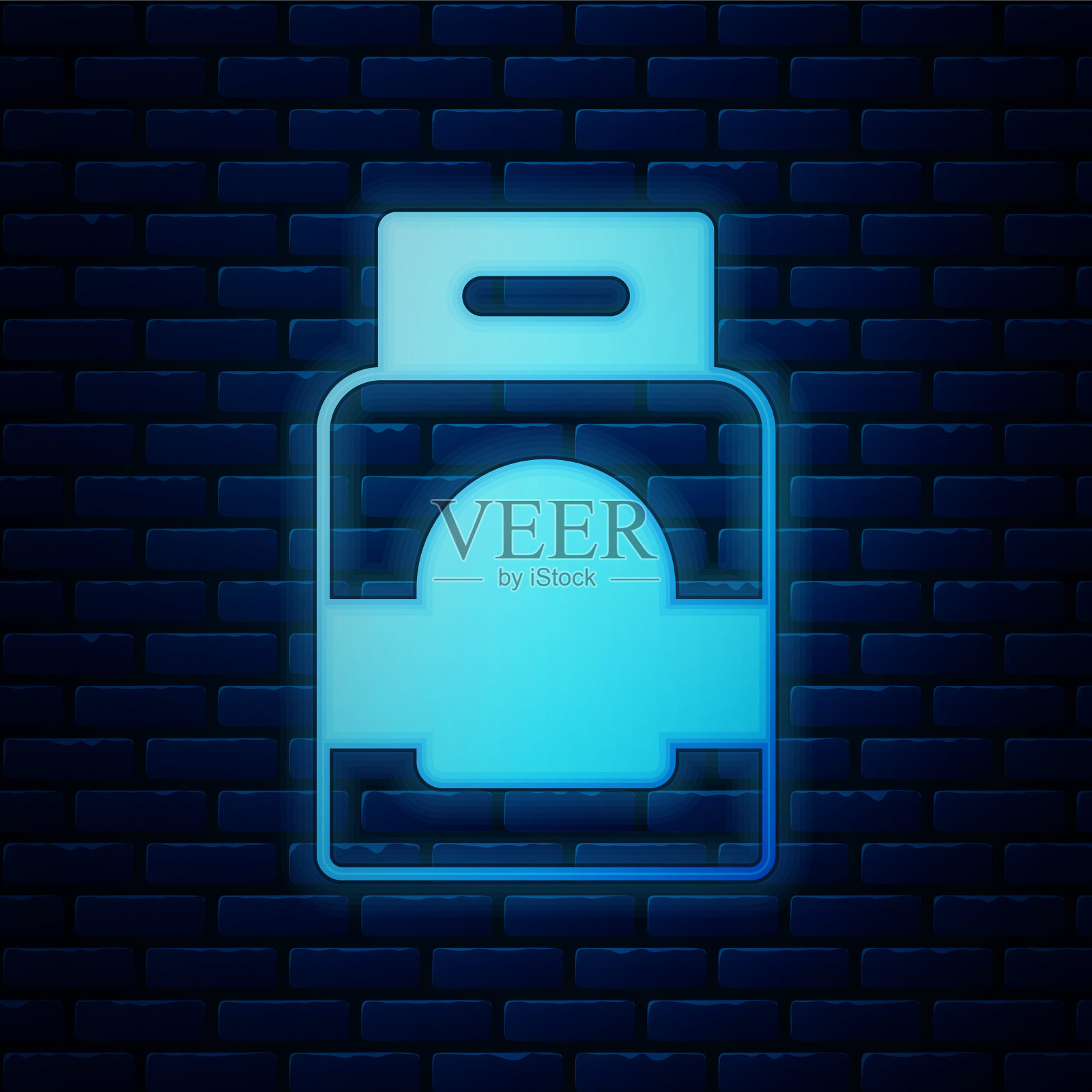 发光霓虹灯洗衣粉自动洗衣机图标孤立在砖墙背景上。向量插画图片素材