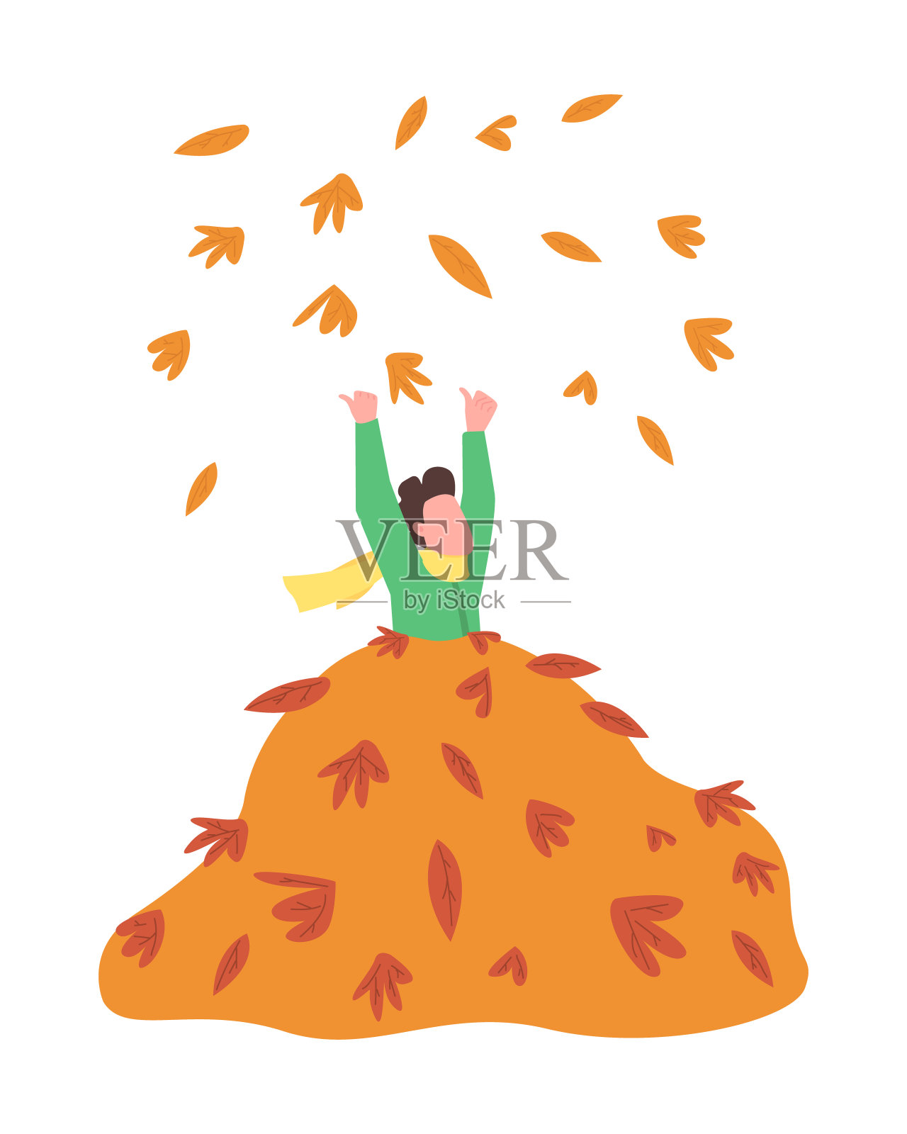 孩子快乐在叶堆半平色向量性格插画图片素材