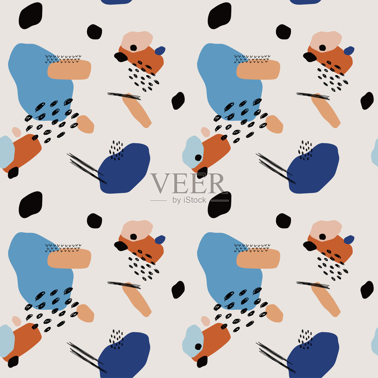 无缝模式与橙色，蓝色和黑色抽象重叠有机形状和笔触。插画图片素材