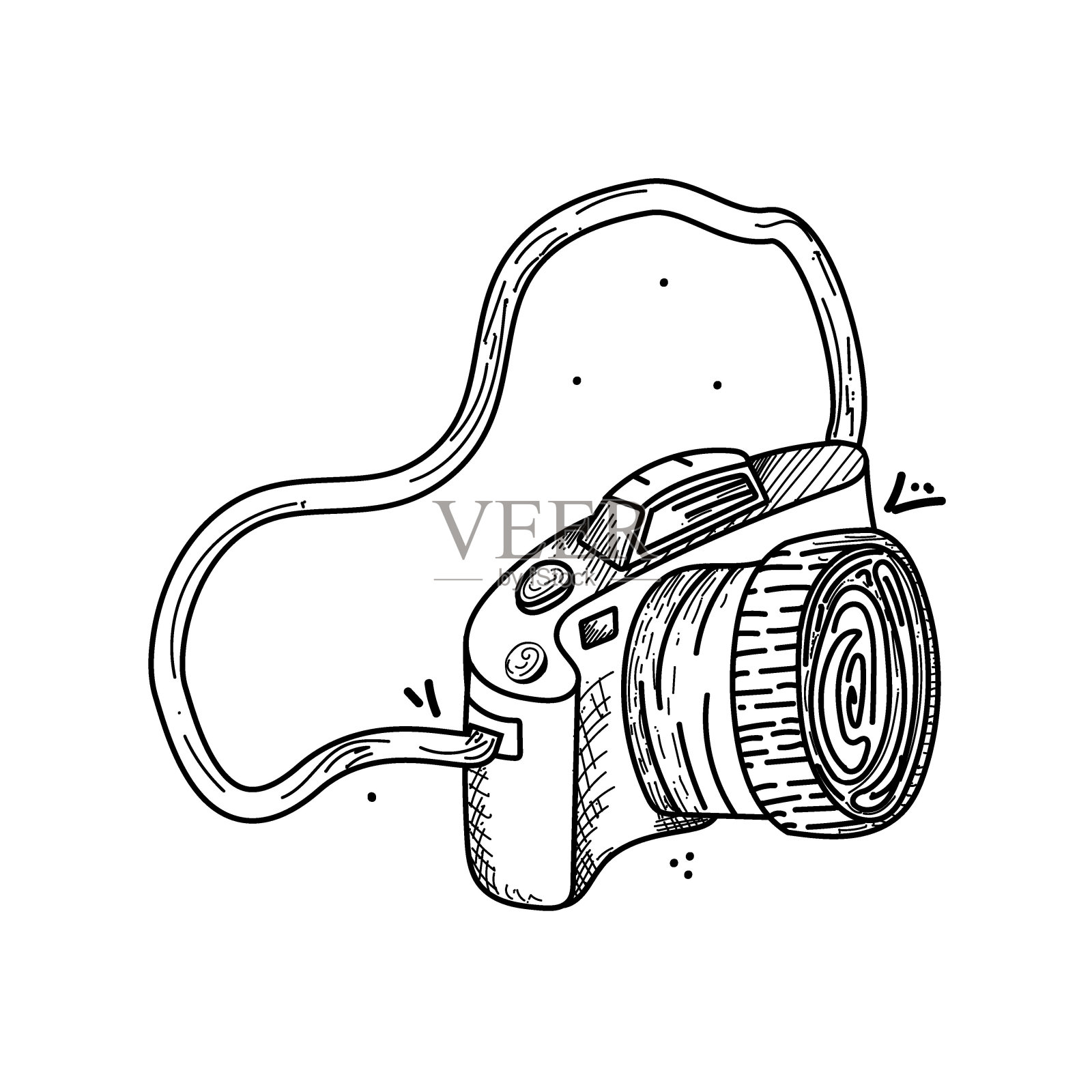 涂鸦风格的徒步旅行相机，手绘。为当地旅游业作插图。皮带上的相机。露营或徒步旅行项目矢量孤立的图像在白色背景。插画图片素材