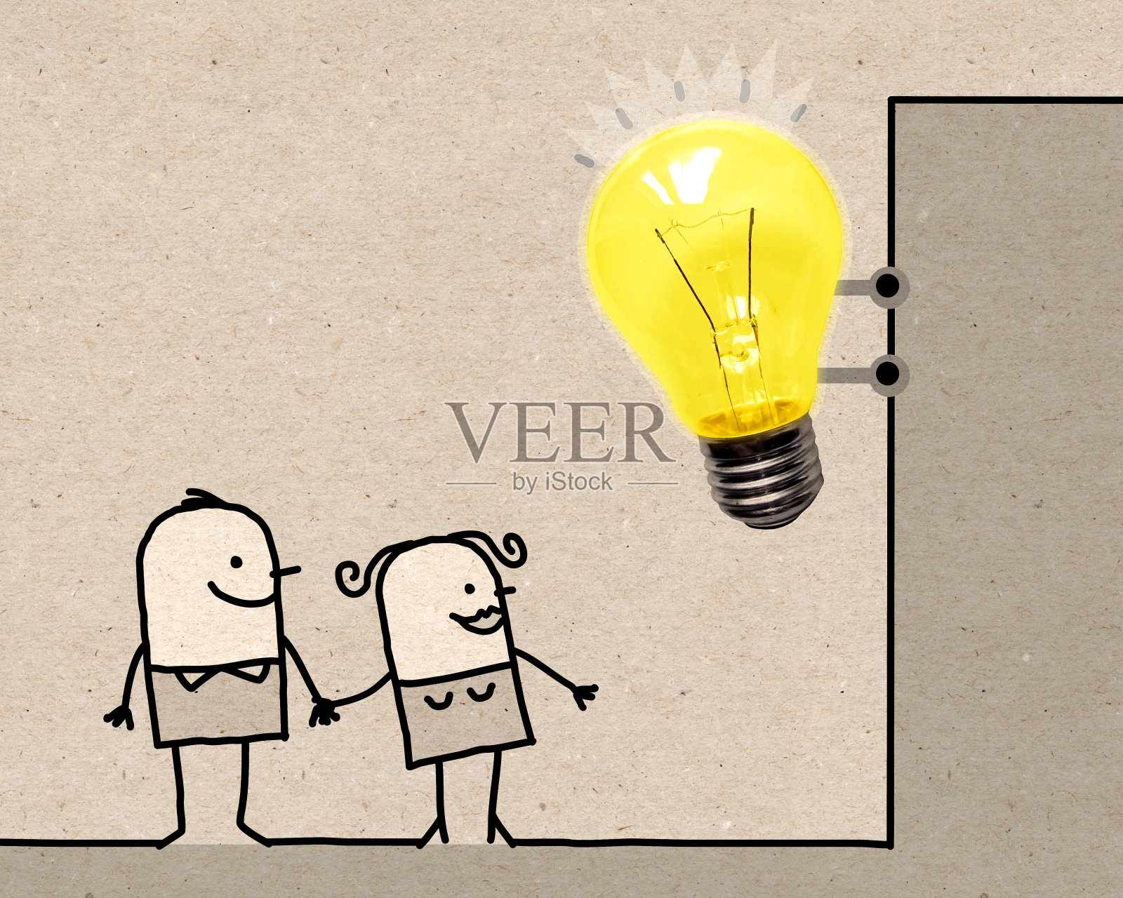 卡通夫妇看着一个大灯泡标志插画图片素材