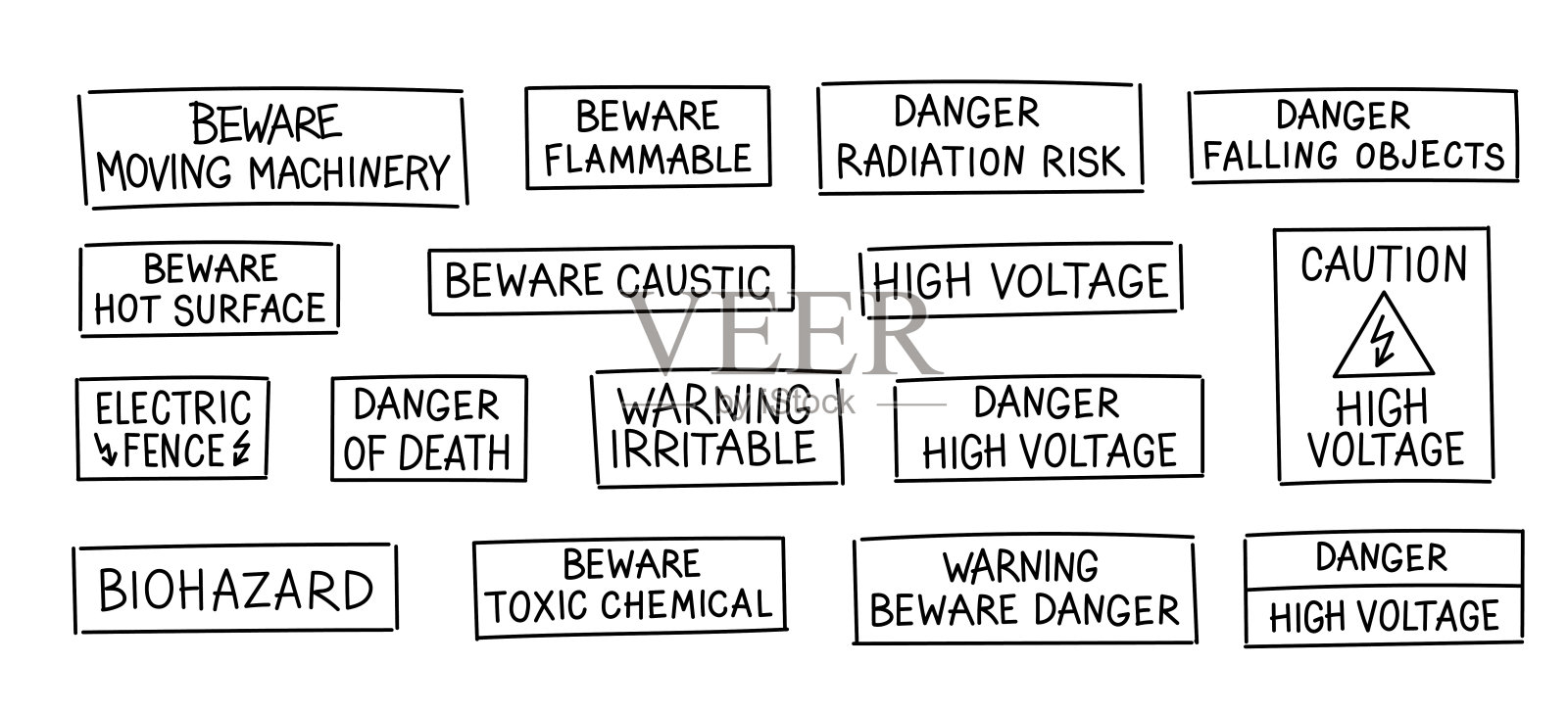 危险警告标志包。注意路标。矢量线。注意信息集。开放的路径。可编辑的中风。插画图片素材