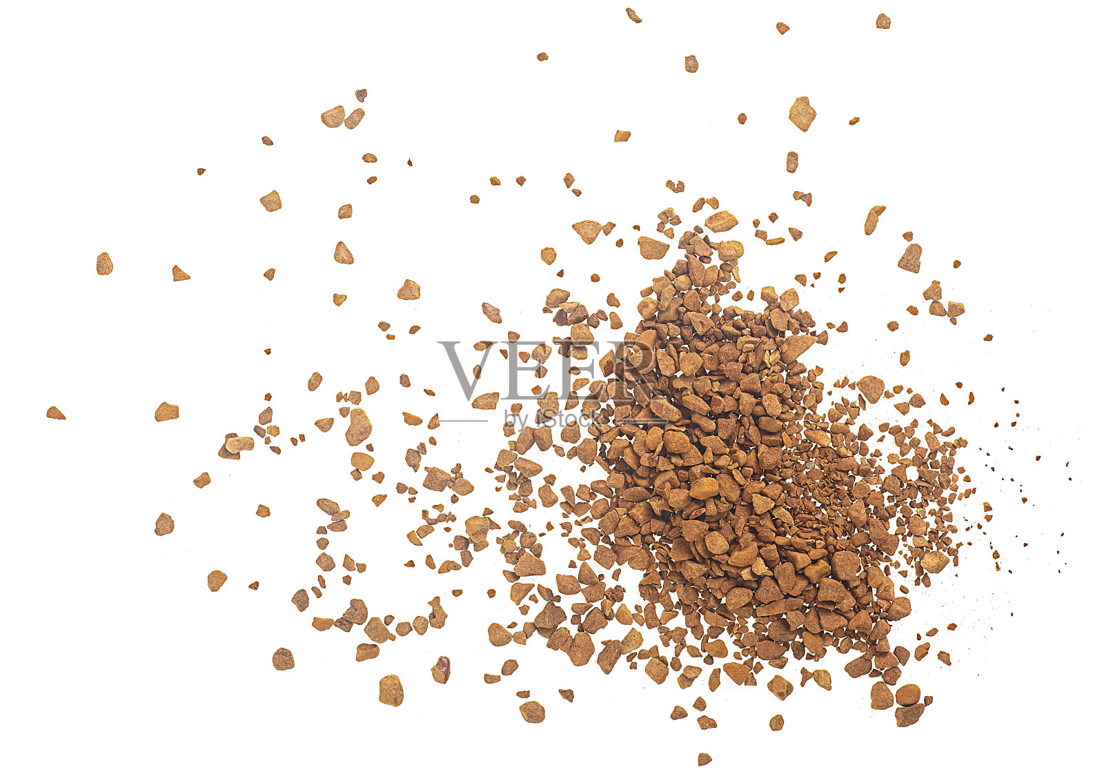 一堆可溶的咖啡孤立在一个白色的背景，俯视图。照片摄影图片