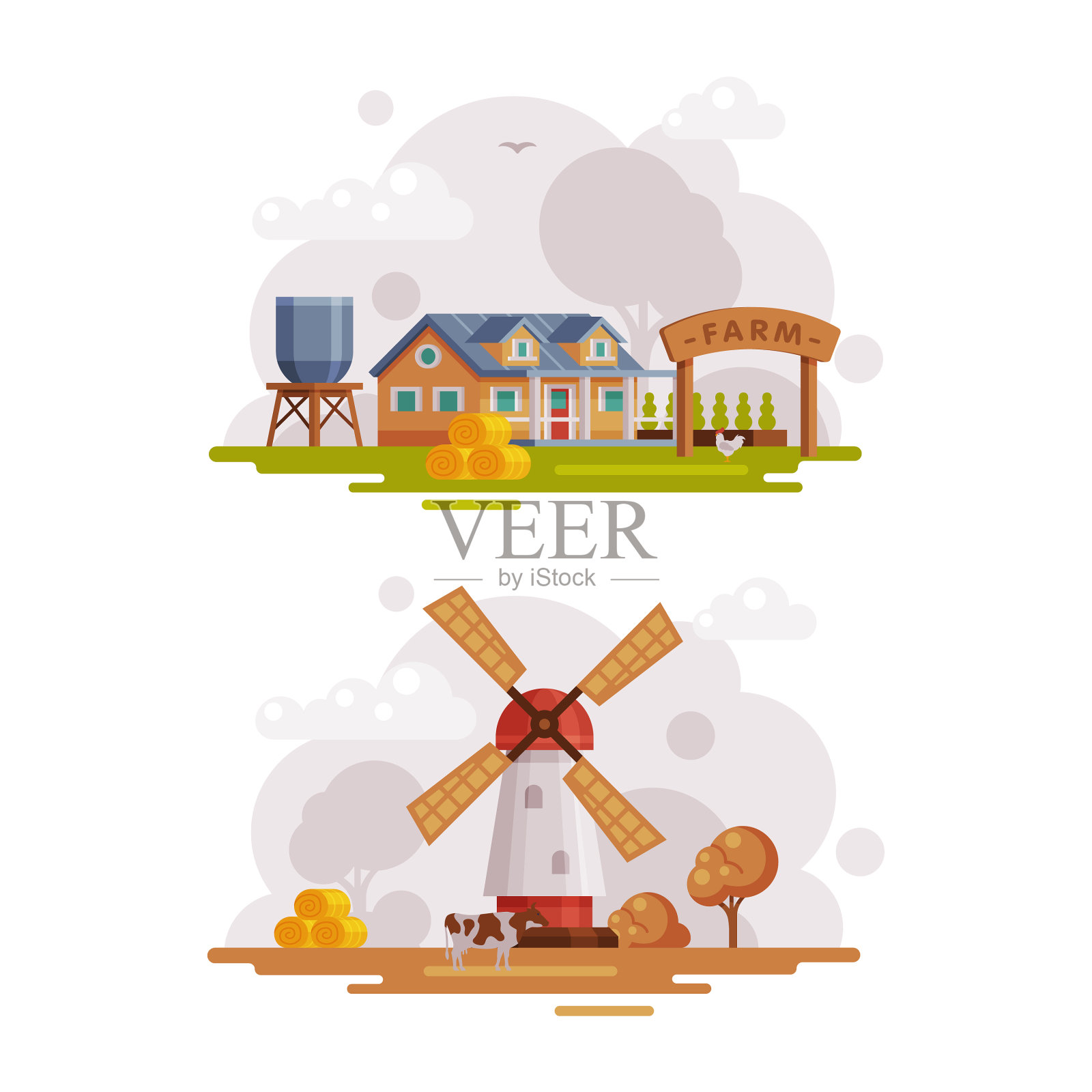 乡村或乡村景观与房子风车和插画图片素材