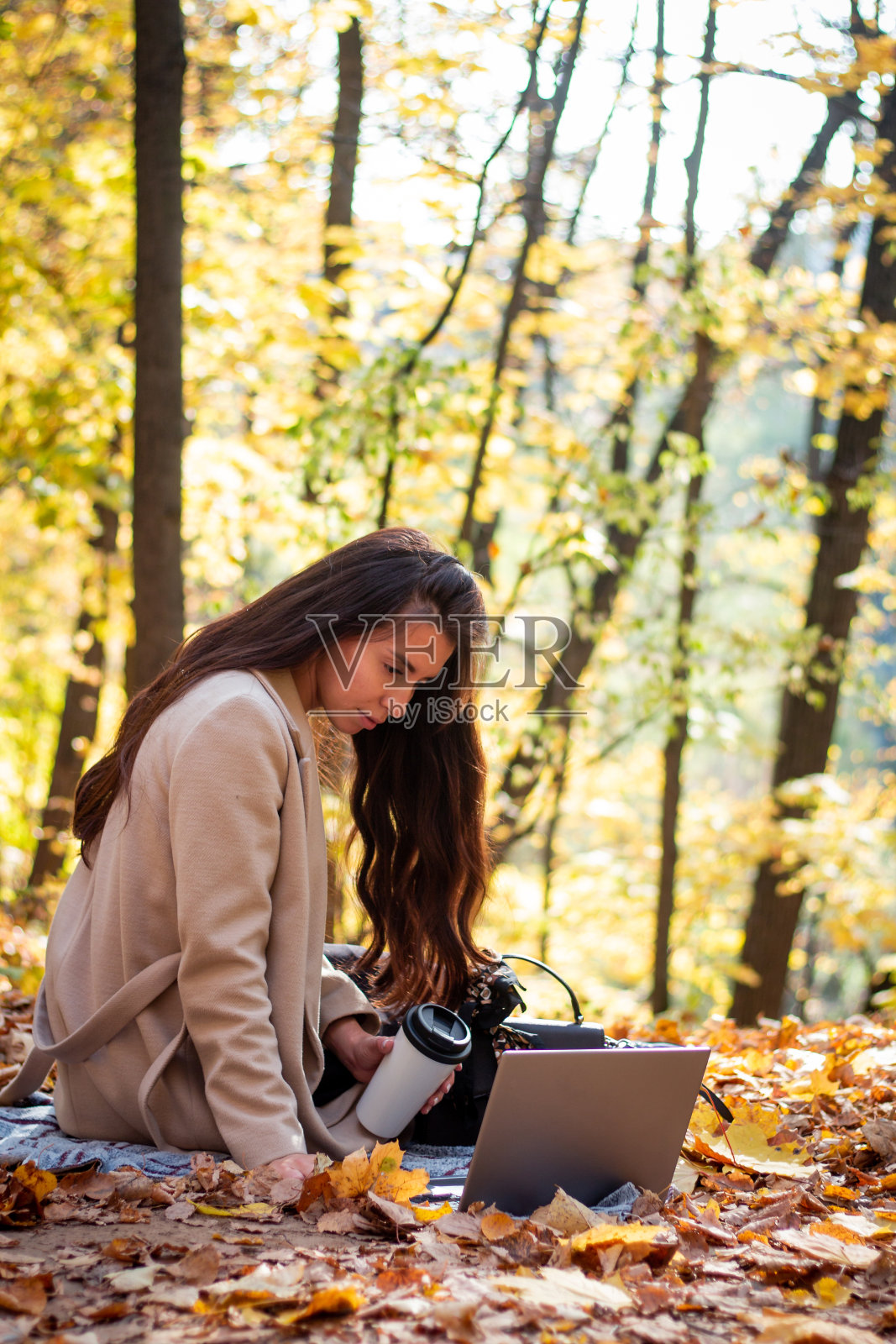 一个深色头发的女人正坐在秋天的公园里，手里拿着一台笔记本电脑和一杯咖啡。学生。老师。在线教育照片摄影图片