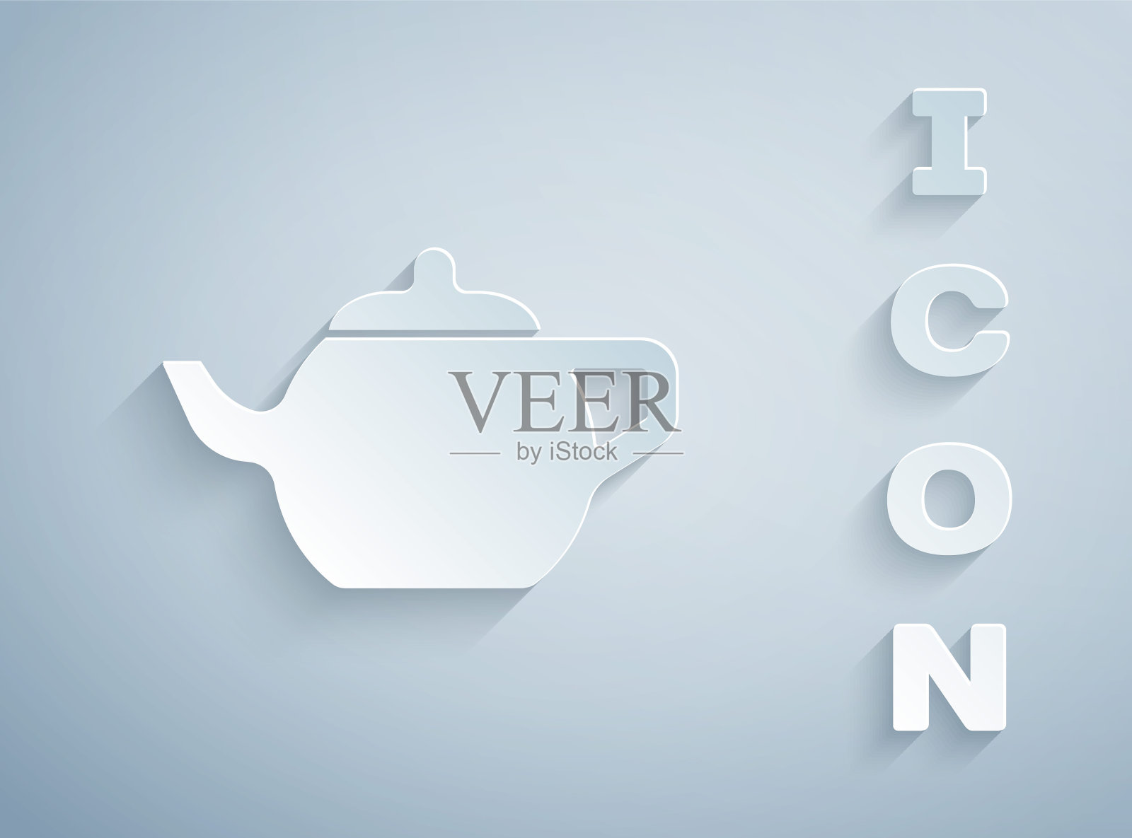 剪纸传统的中国茶道图标孤立在灰色背景上。茶壶和杯子。纸艺术风格。向量插画图片素材