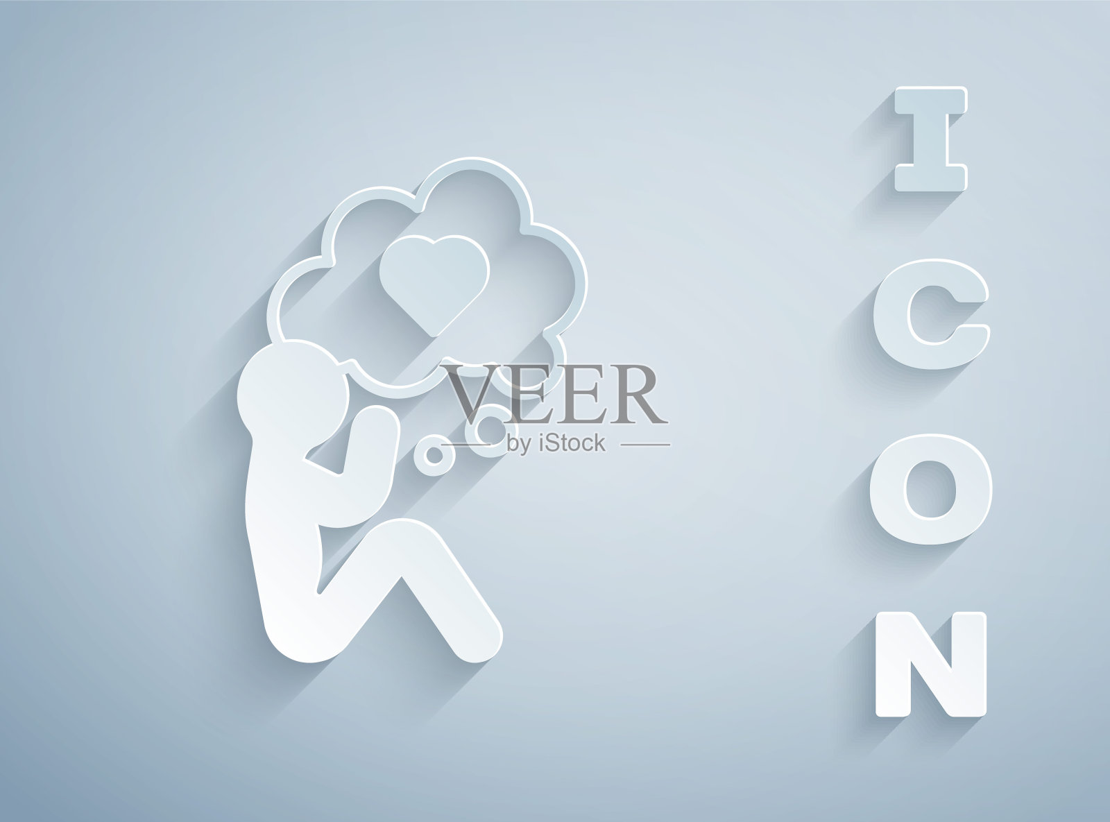 剪纸人的头与心脏图标孤立在灰色背景上。爱的概念与人类的头脑。纸艺术风格。向量插画图片素材