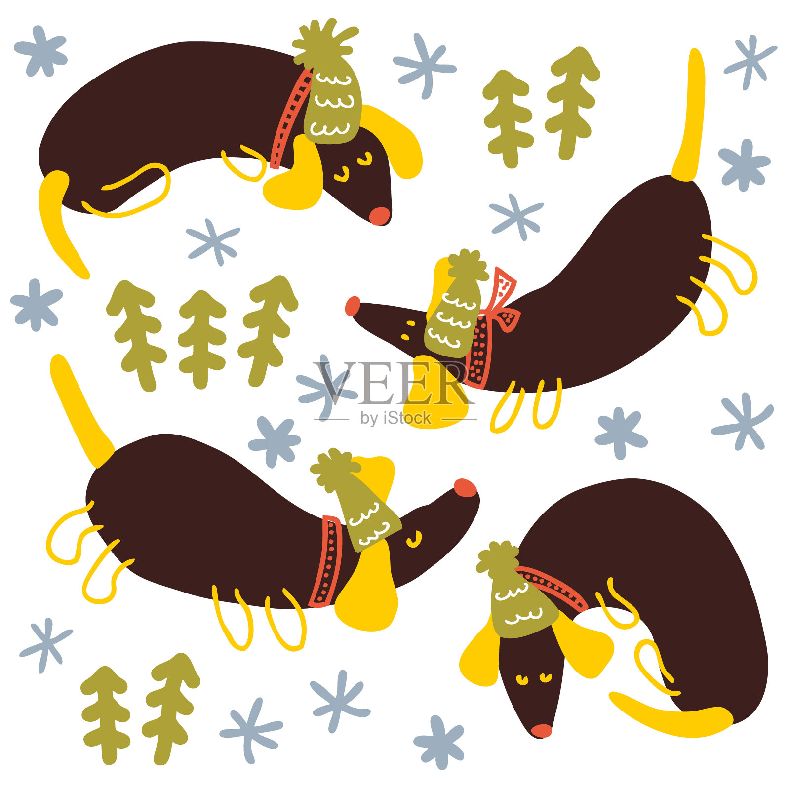 圣诞树和雪花点缀的冬季腊肠。适合t恤、明信片、纺织品和印刷品。涂鸦矢量插图装饰和设计。插画图片素材