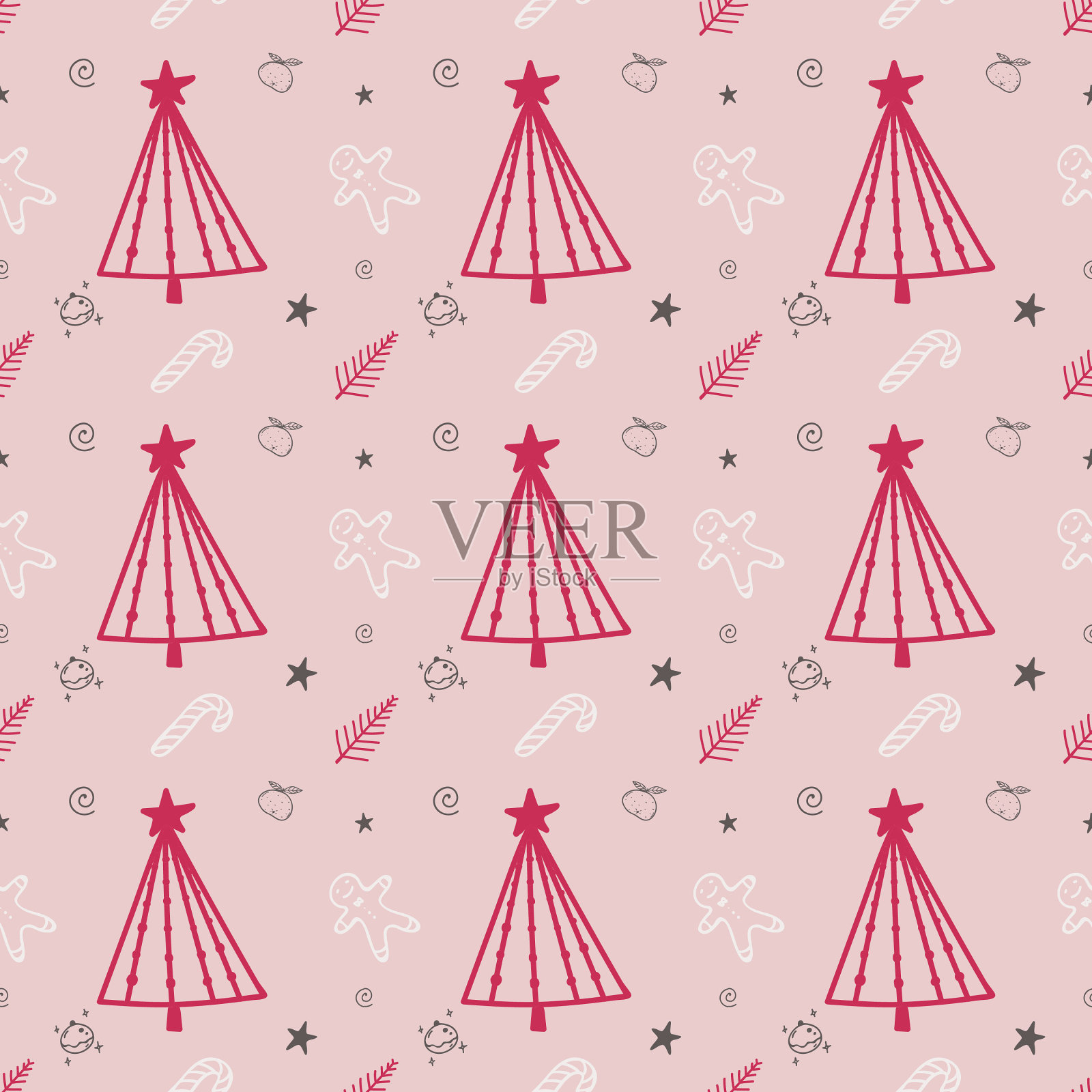 无缝图案紫色圣诞树，星星和姜饼饼干在粉红色的背景插画图片素材