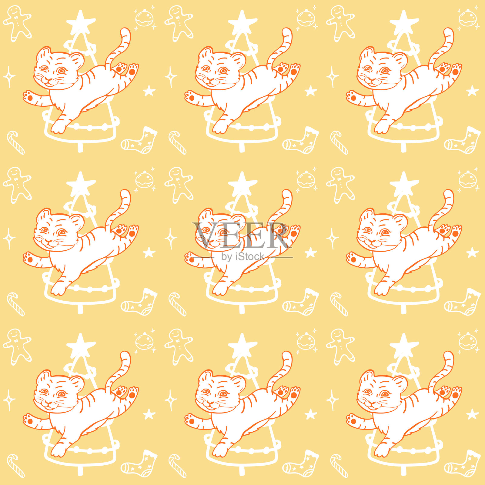 无缝图案橙色老虎，圣诞树和姜饼饼干在黄色的背景插画图片素材