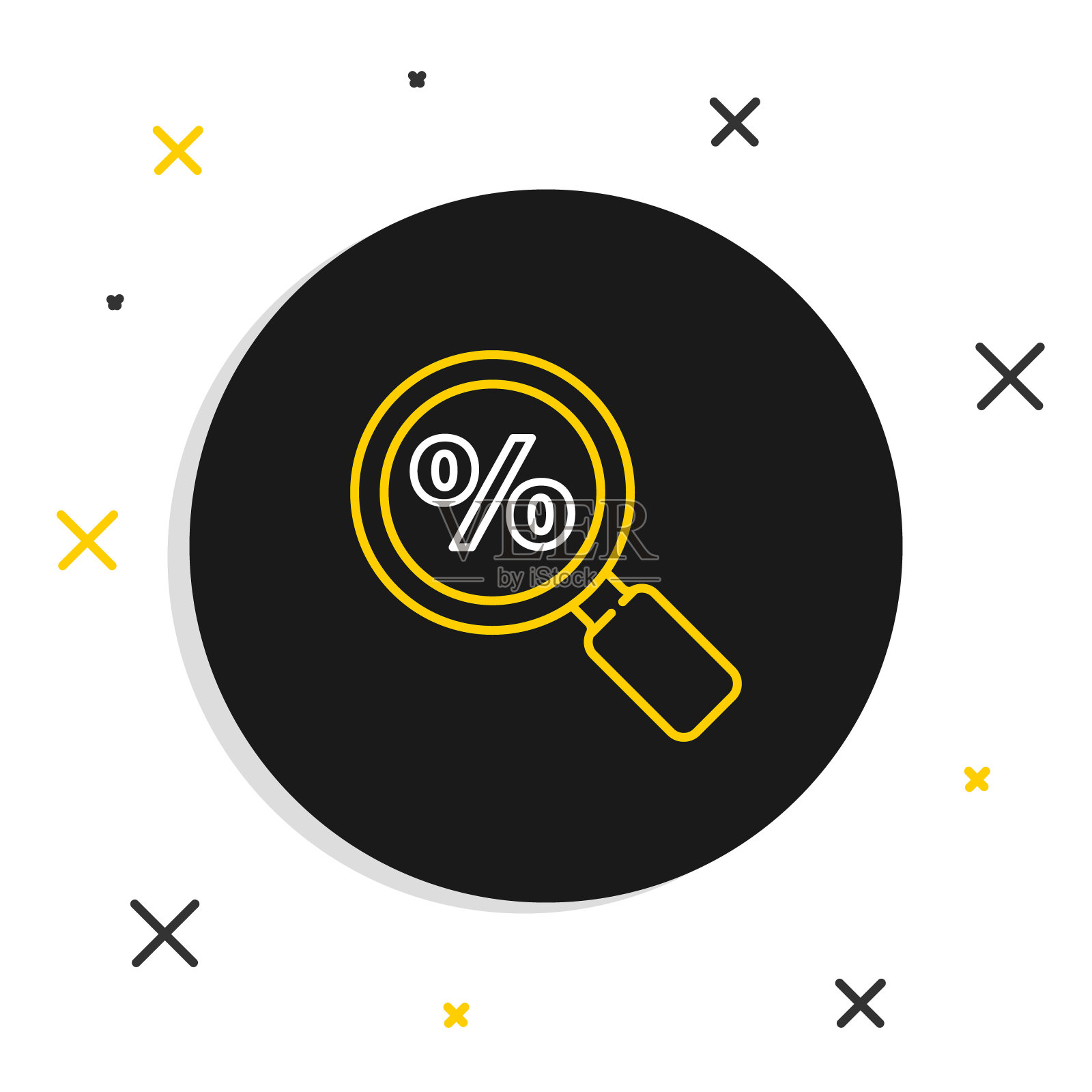 线条放大镜与百分比图标孤立在白色背景上。折扣提供搜索。搜索打折销售标志。色彩斑斓的轮廓的概念。向量插画图片素材