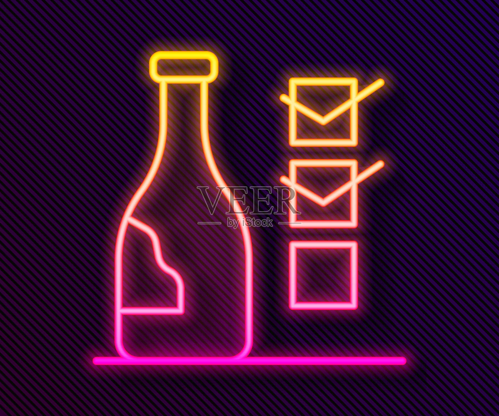 发光的霓虹灯线酒瓶图标孤立在黑色背景。向量插画图片素材