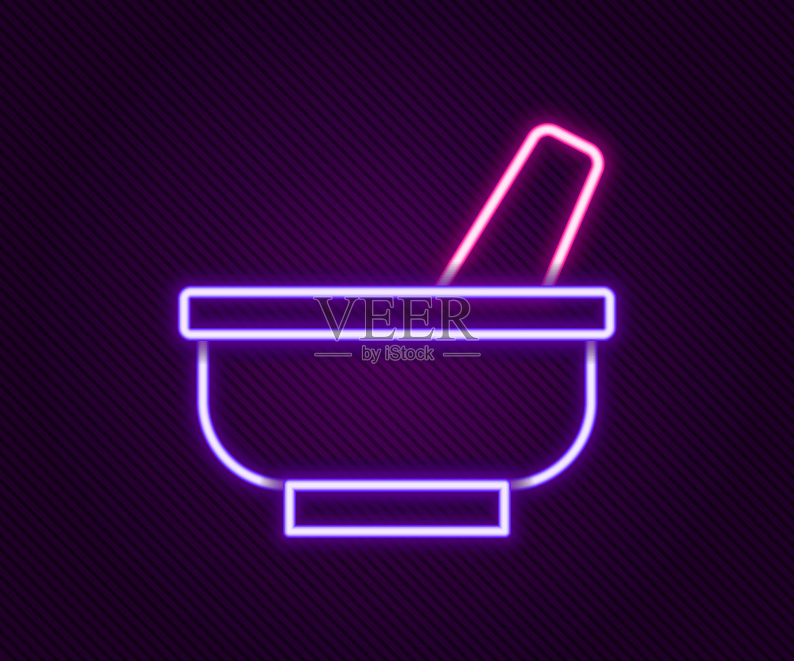 发光霓虹线迫击炮和杵图标孤立在黑色背景上。色彩斑斓的轮廓的概念。向量插画图片素材