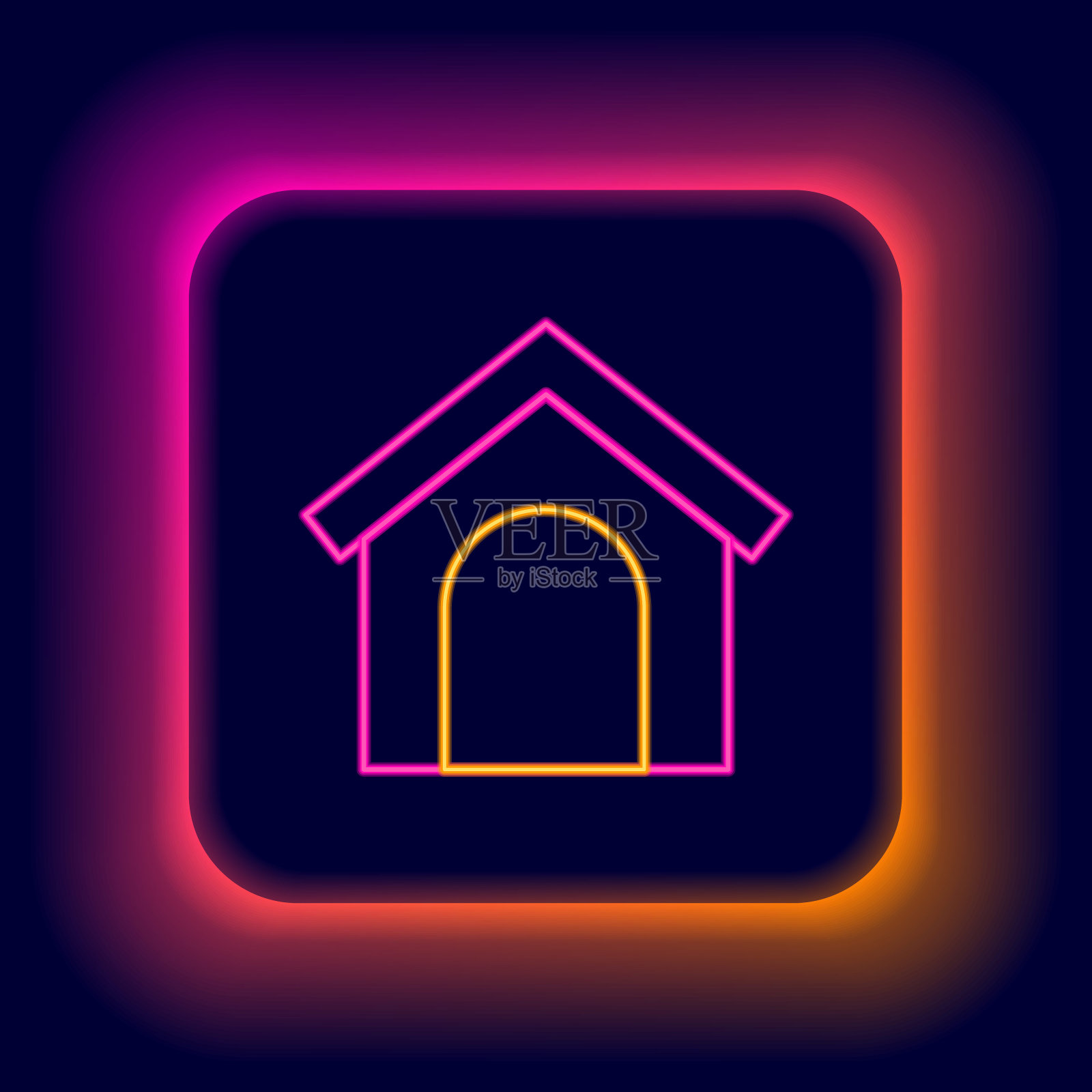 发光的霓虹灯线狗屋图标孤立在黑色背景上。狗窝。色彩斑斓的轮廓的概念。向量插画图片素材