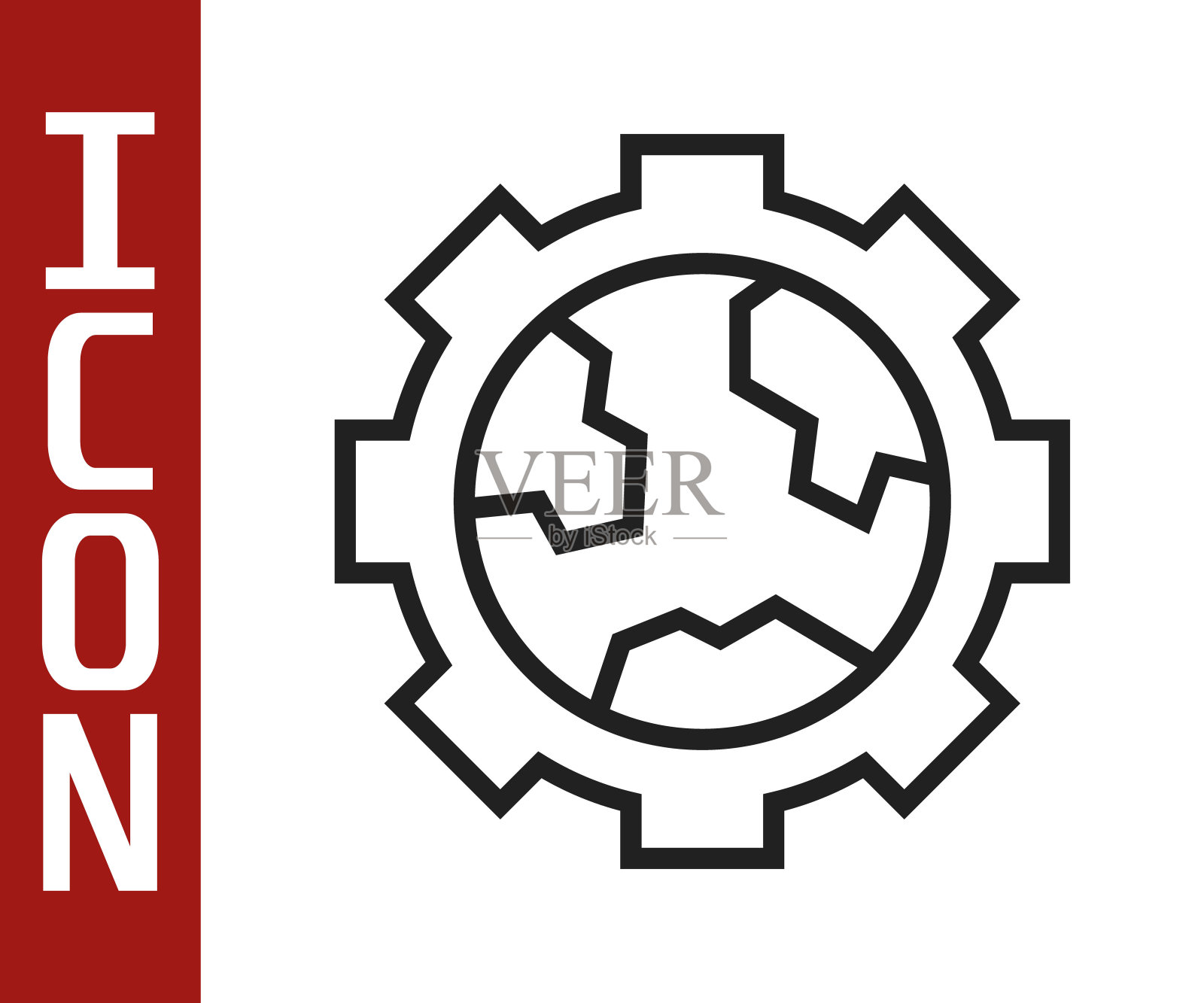 黑色线地球仪和齿轮或齿轮图标孤立在白色背景上。设置参数。全球的选择。向量插画图片素材