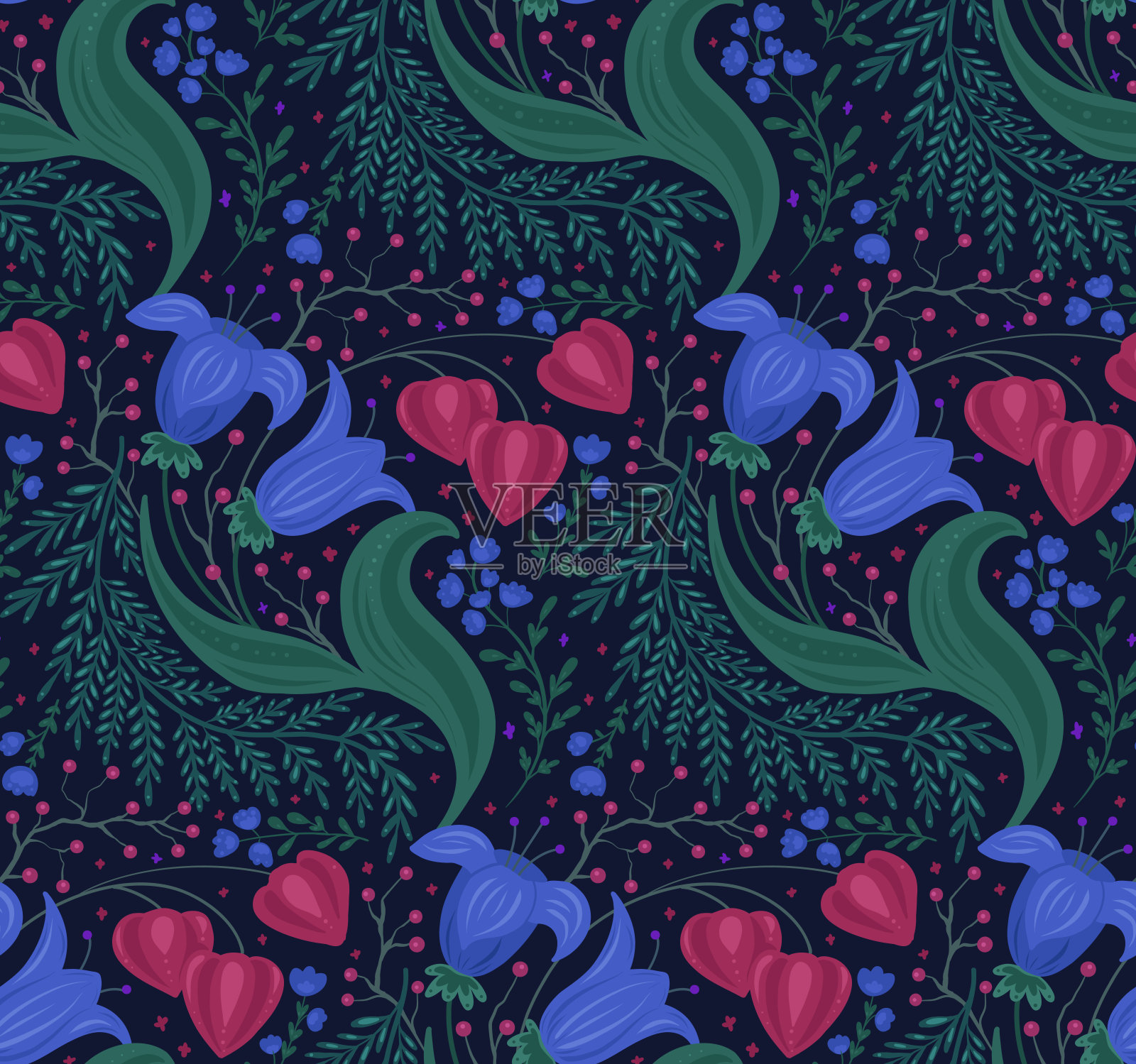 无缝图案，夜花，小枝上的浆果和酸浆。花装饰在深蓝色的背景。矢量自然纹理与花束与手绘装饰插画图片素材