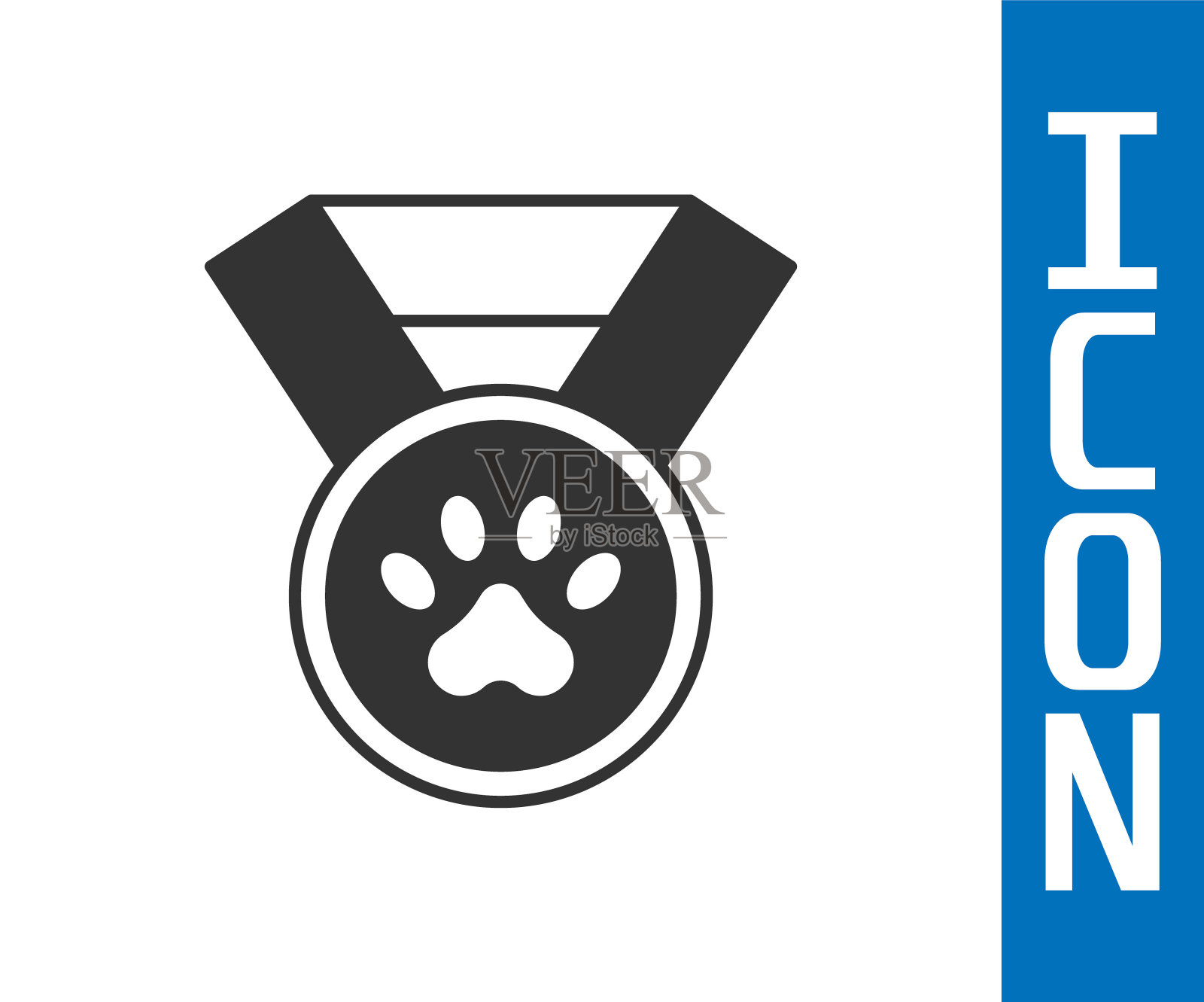 灰色宠物奖符号图标孤立在白色背景上。带有狗或猫爪印和丝带的徽章。金牌的动物。向量插画图片素材