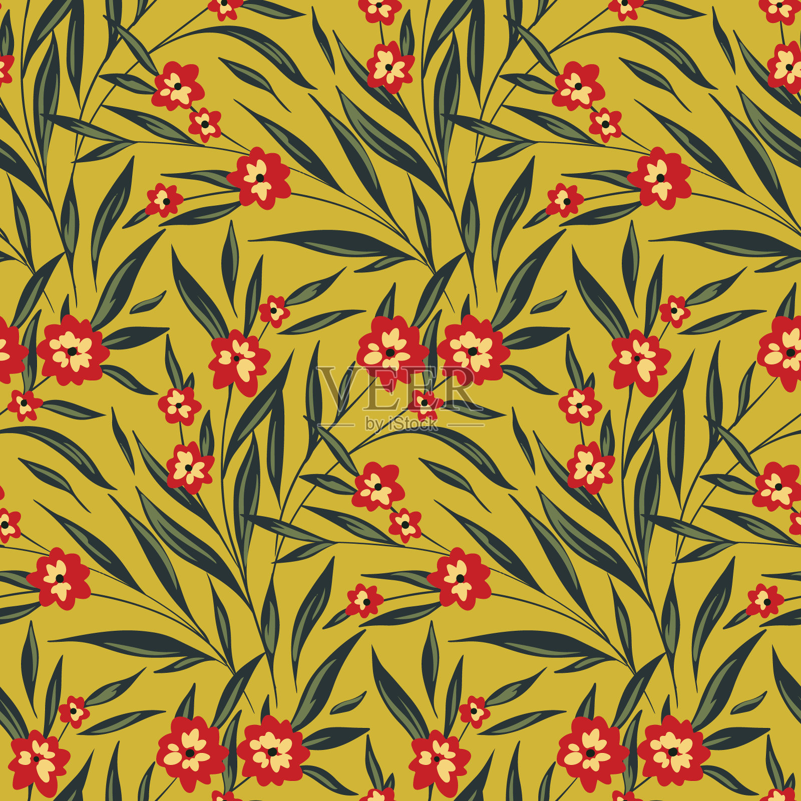 复古花卉图案的小枝与小花，叶子。密密麻麻的枝干、红花、树叶组成无缝图案。老式花卉背景设计。向量。插画图片素材