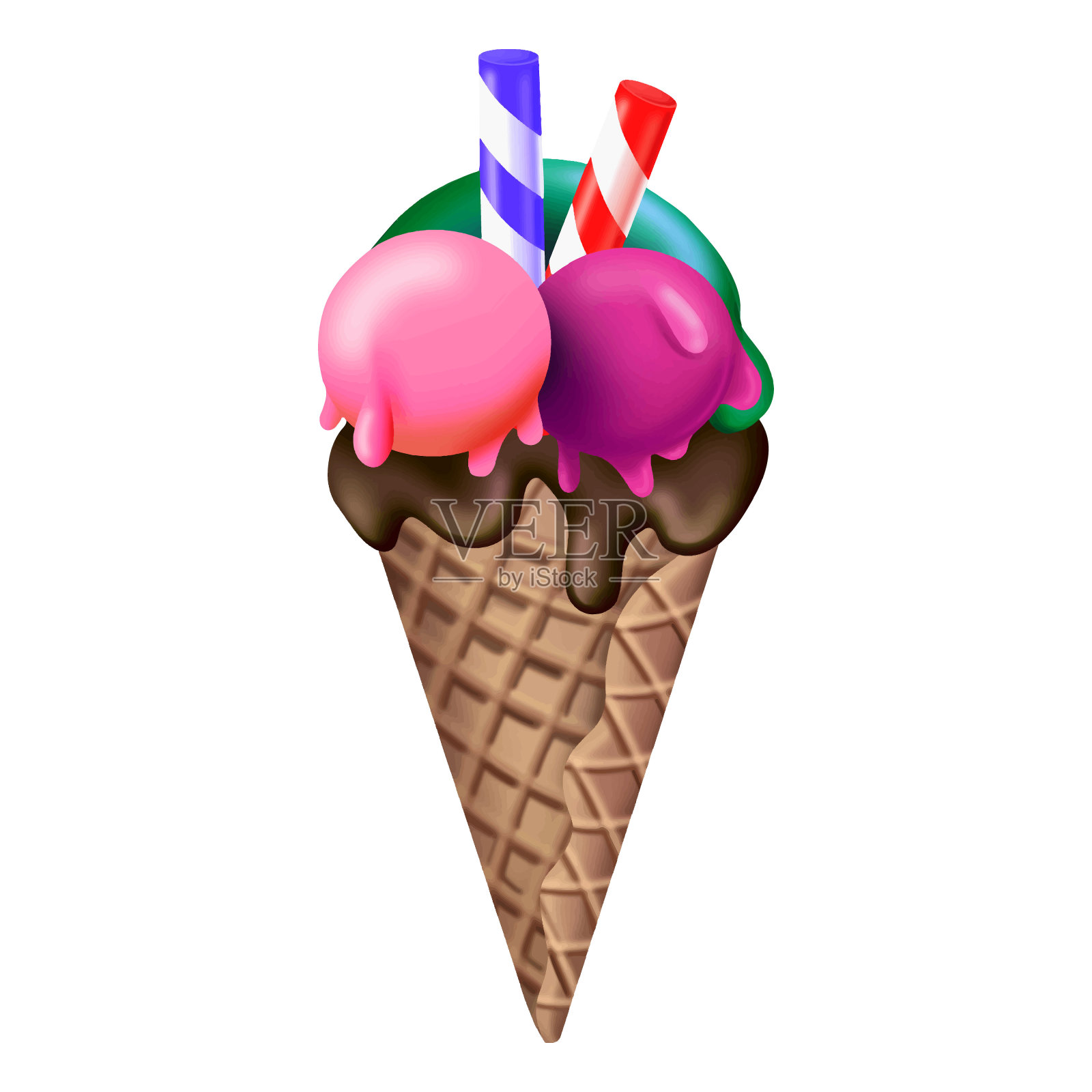 冰淇淋与浆果和稻草，矢量插图插画图片素材