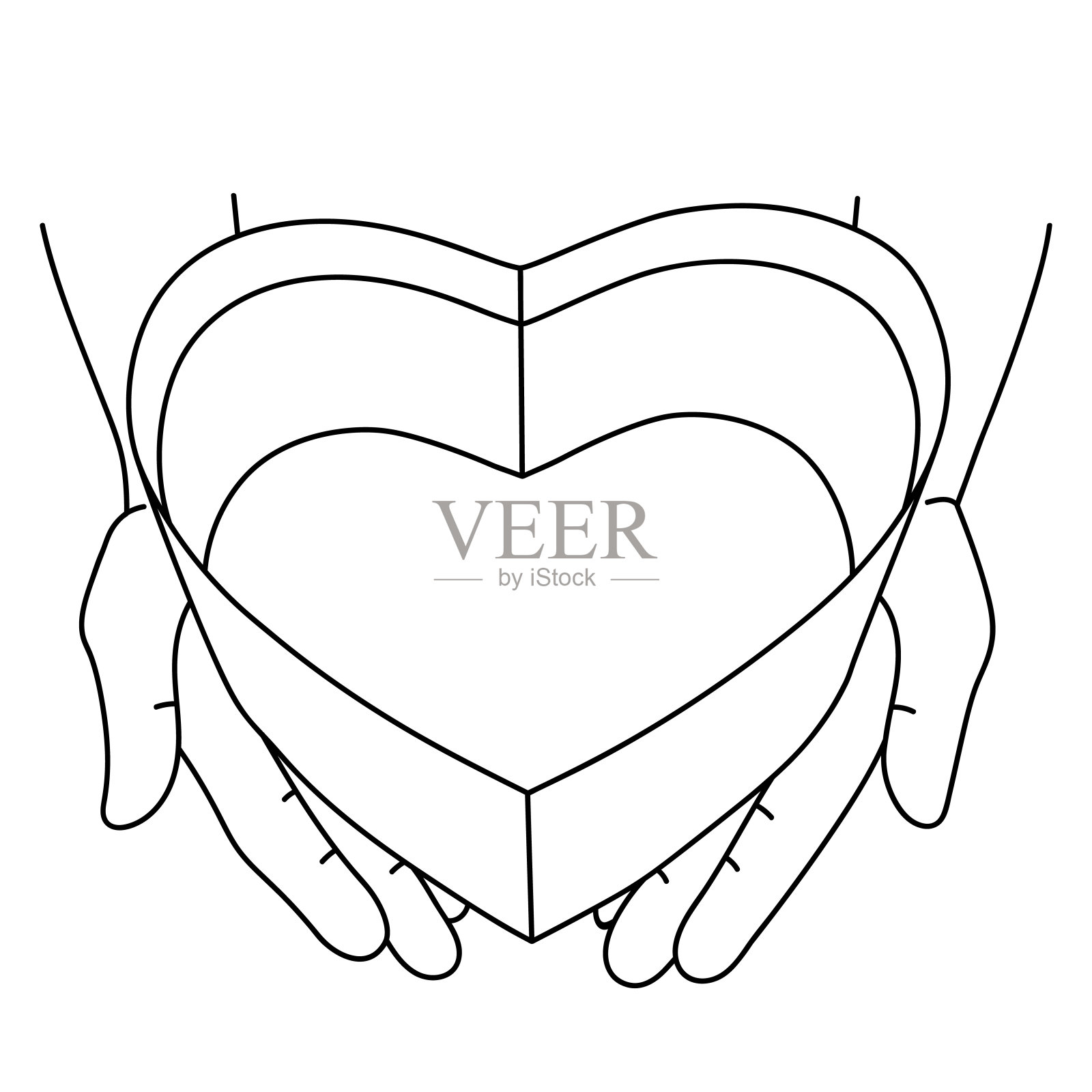 打开的盒子，在手里。情人节礼物，母亲节礼物，生日礼物。节日庆祝，浪漫约会，周年纪念日，婚礼。爱的宣言。提供的婚姻。素描,线性图插画图片素材