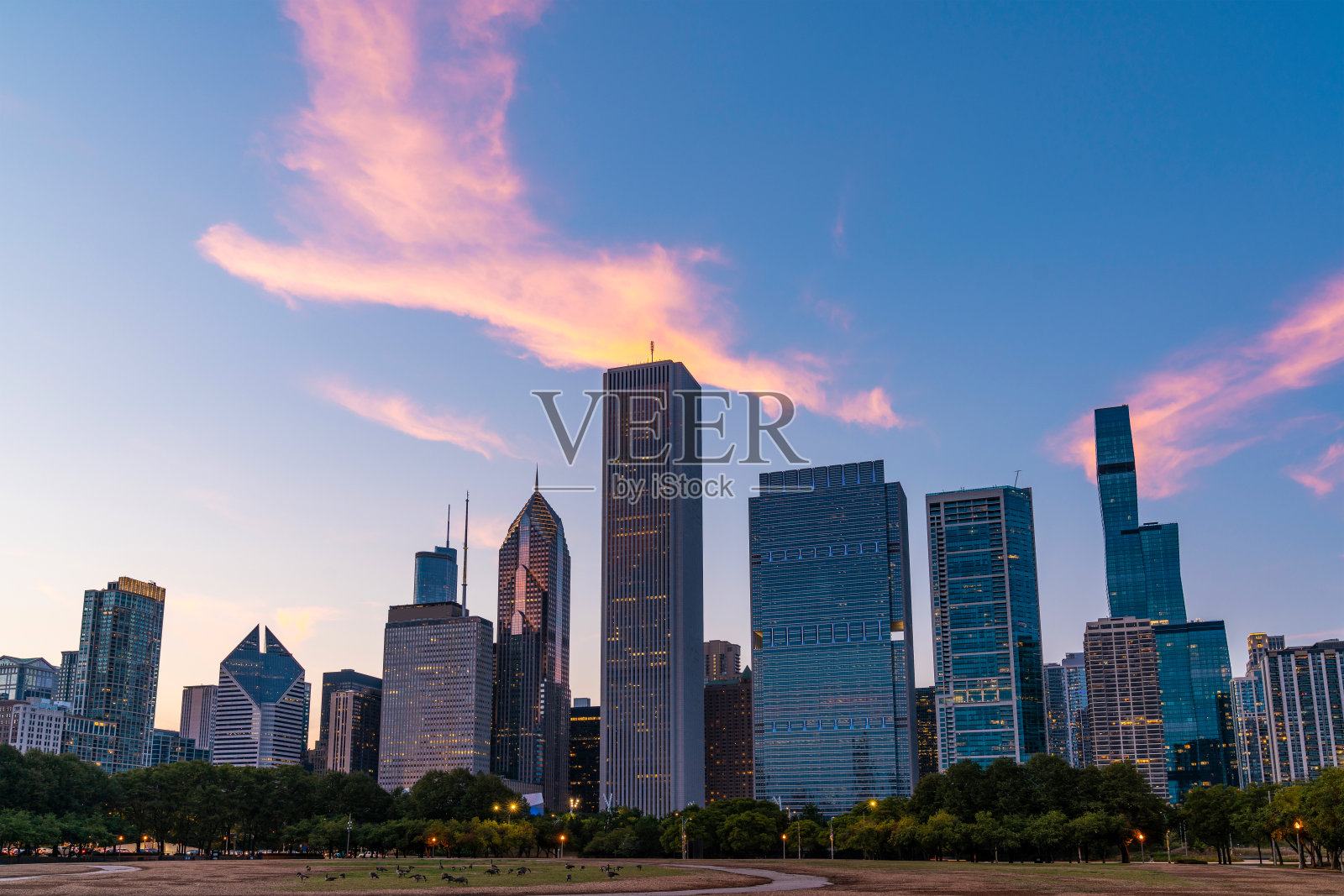 日落时分从公园俯瞰芝加哥的天际线全景。芝加哥,伊利诺斯州,美国。摩天大楼的金融区，充满活力的商业街区。照片摄影图片