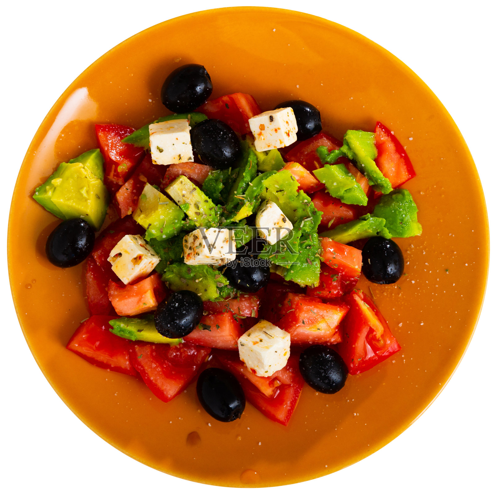 牛油果沙拉配番茄，橄榄和羊乳酪照片摄影图片