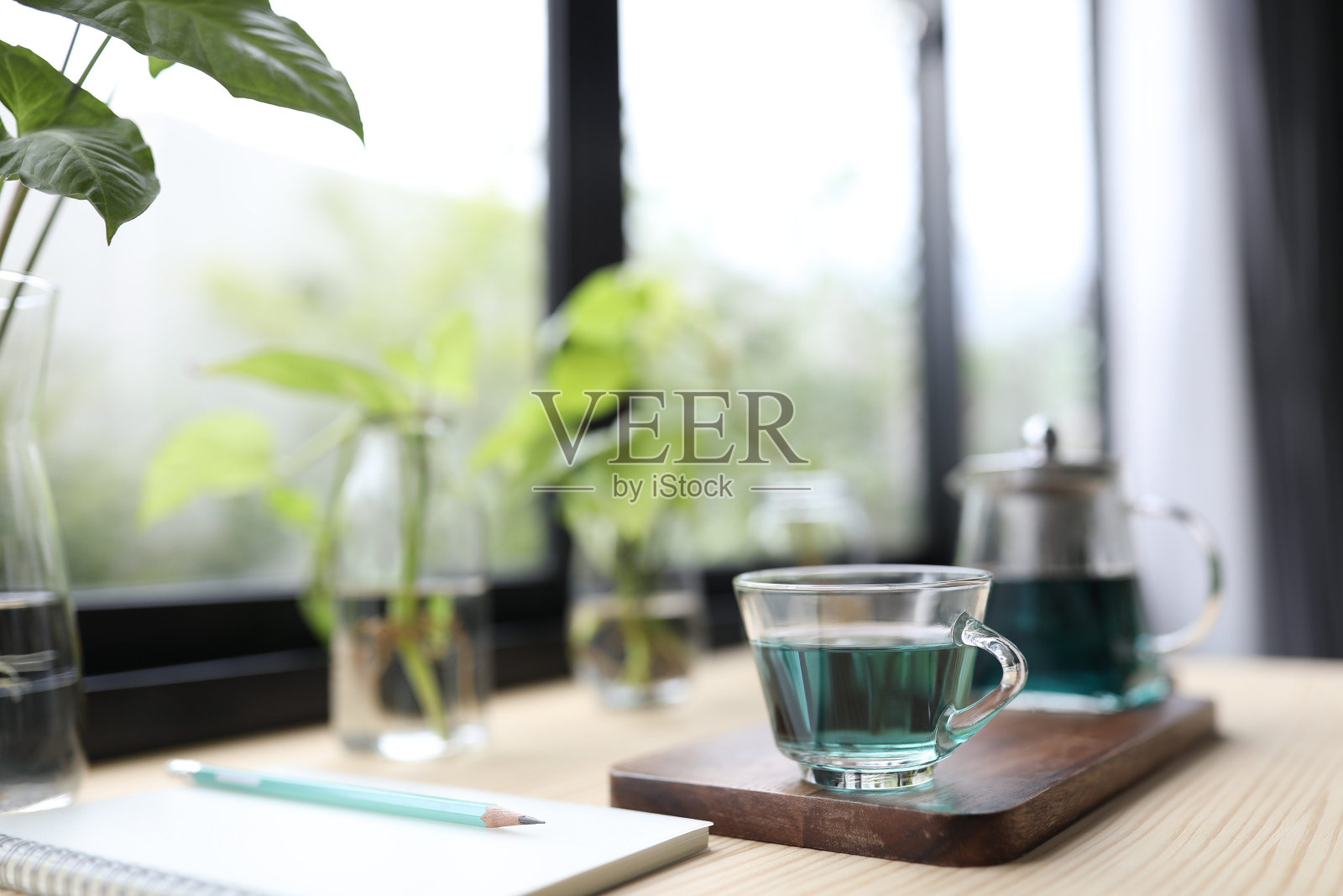 木桌上的蝴蝶豌豆茶汁和玫瑰照片摄影图片