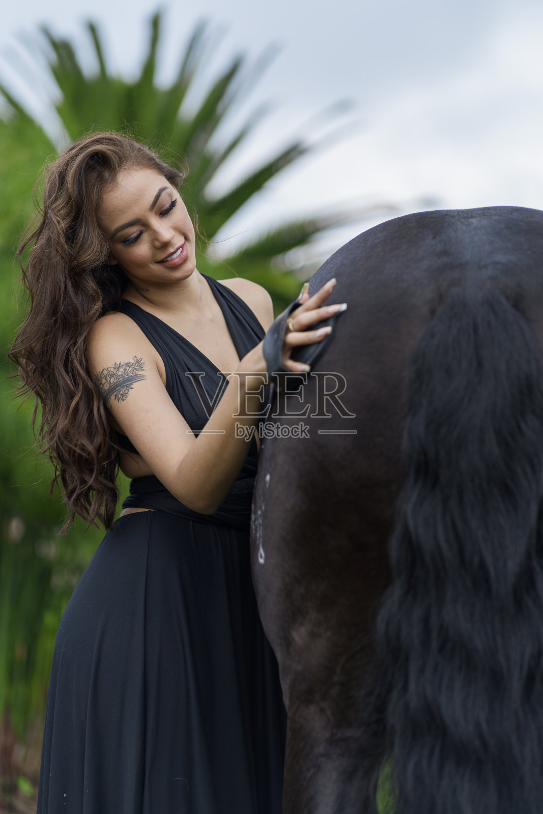 女骑手站在马旁边的田里。时尚人像的一个女人和母马是马在村里的草地上照片摄影图片