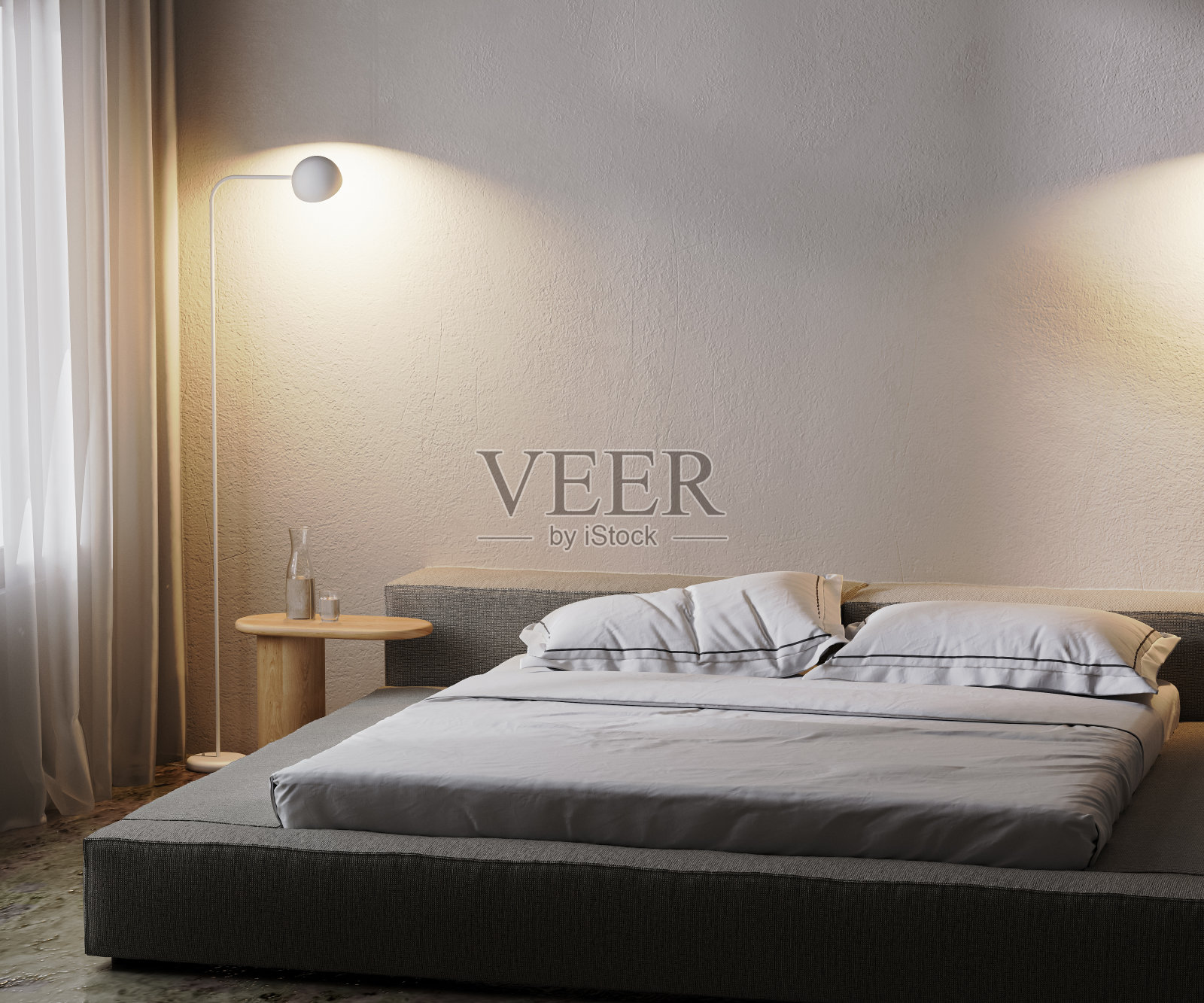 现代卧室室内在黑暗与灯光，3d渲染照片摄影图片