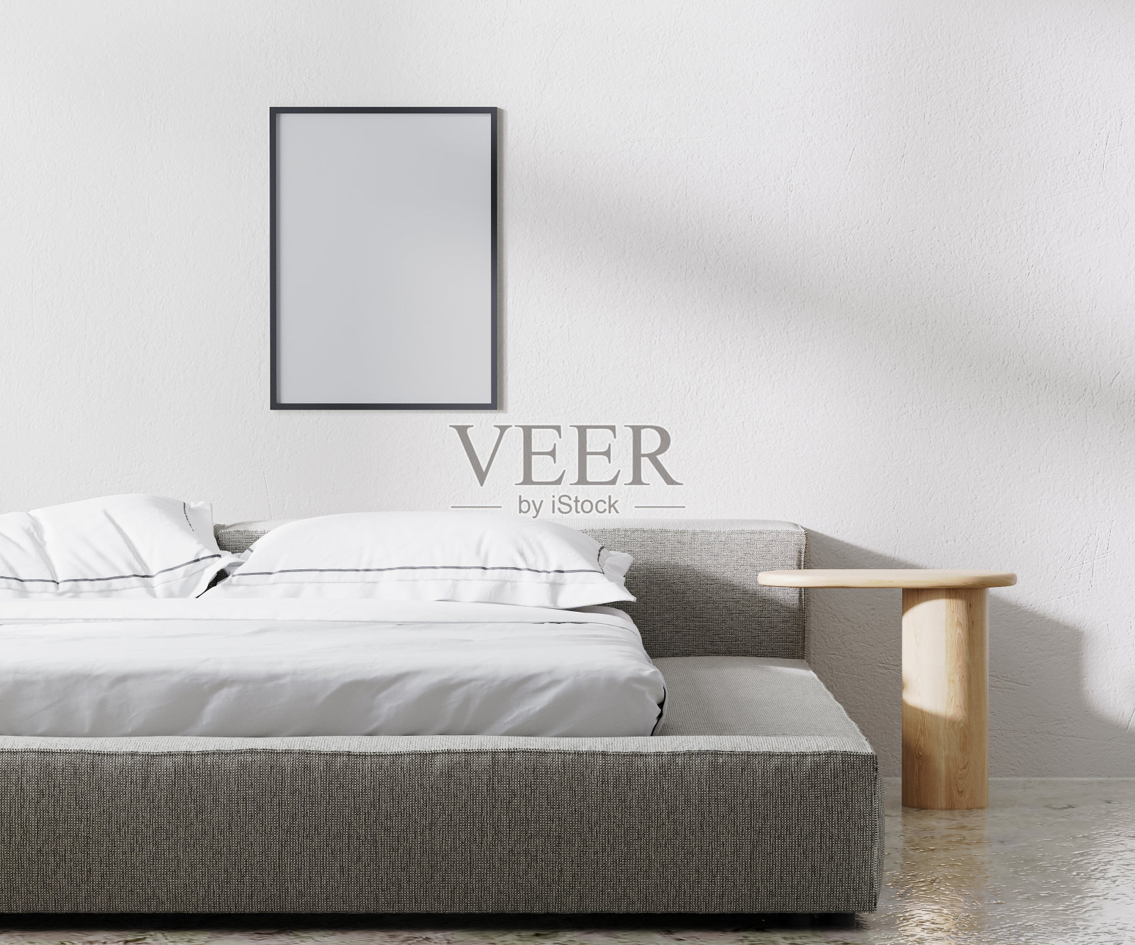 框架模型在卧室内部，极简主义风格，白墙，3d渲染照片摄影图片