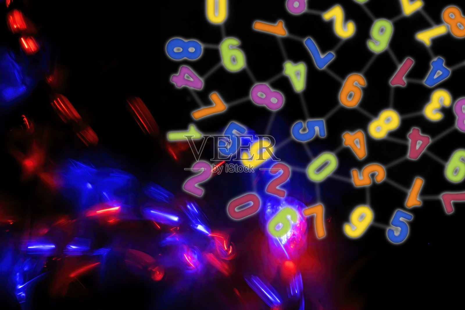 黑色背景上不同颜色的数量，数字命理学伪科学的概念照片摄影图片