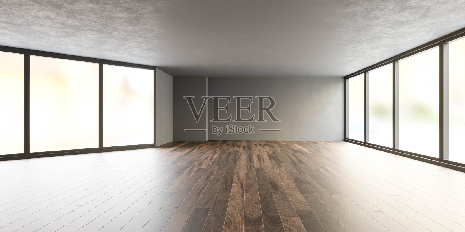 空无家具的阁楼房间与大窗户和实木地板3d渲染插图照片摄影图片