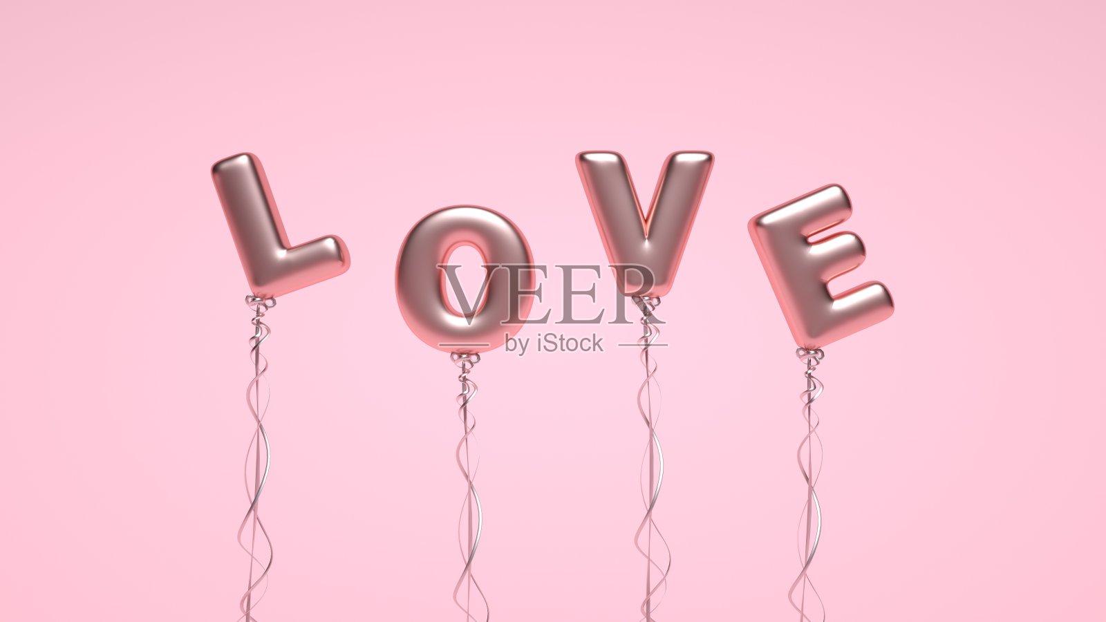 粉色背景上的玫瑰金爱心气球3D图照片摄影图片