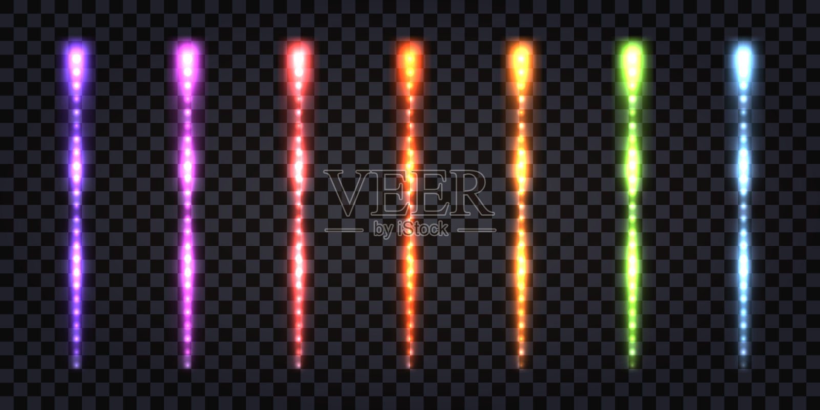 霓虹灯棒，激光光束与闪电效果。彩虹色的彩虹色，网络能量管，飞舞的火花和闪光爆炸。魔术棒或棒。矢量图插画图片素材