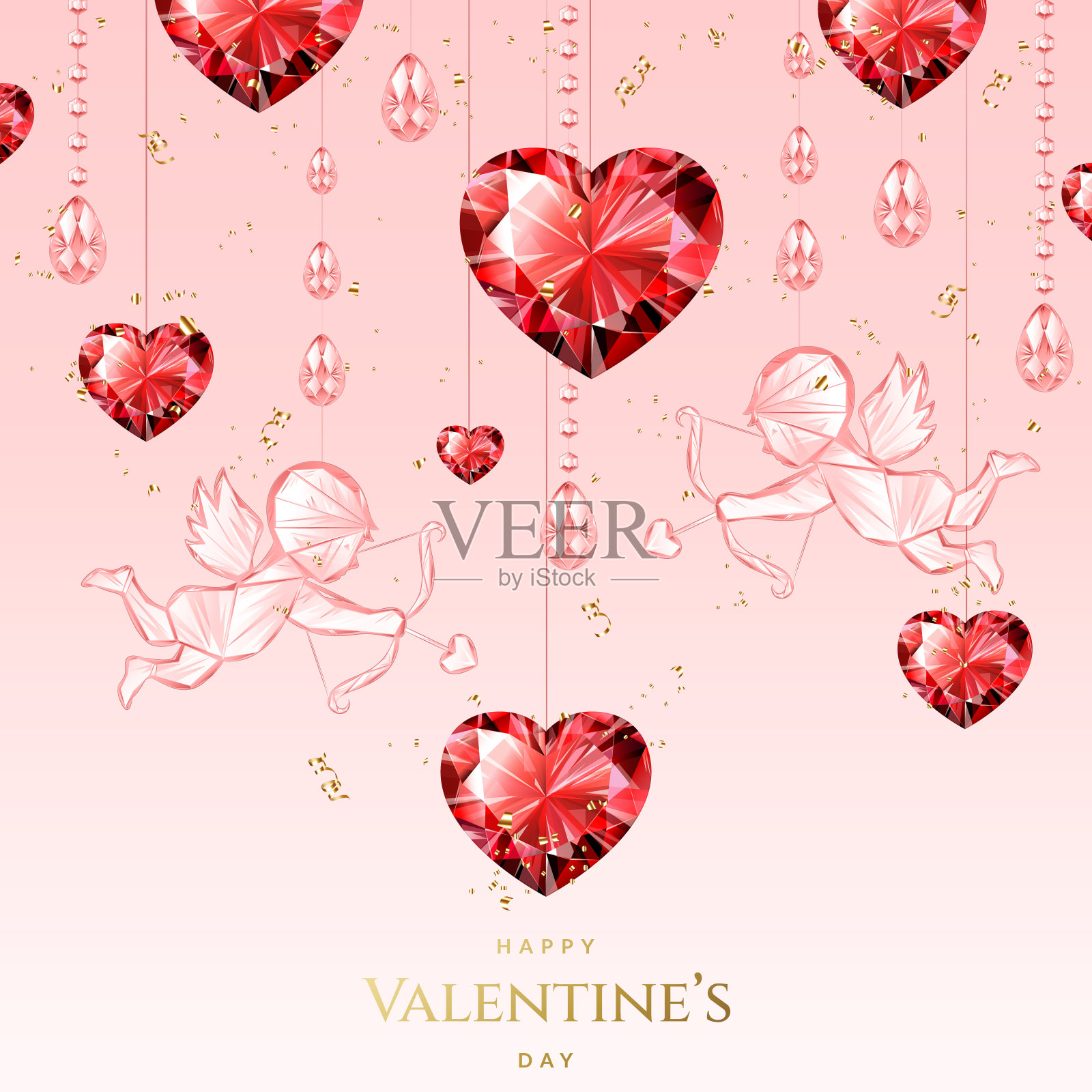 浪漫的情人节背景红钻石的心，水晶丘比特和金色的纸屑。插画图片素材