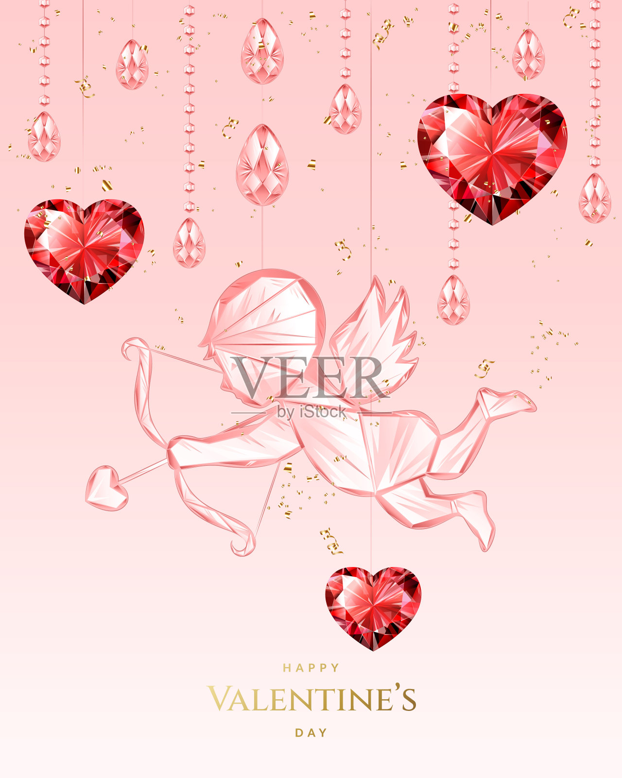 浪漫的情人节背景红钻石的心，水晶丘比特和金色的纸屑。插画图片素材