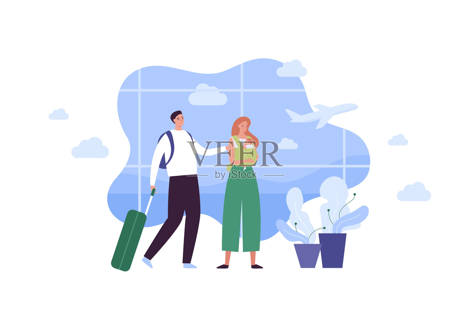 旅游和飞机旅行的概念。矢量平面人插图。两个男人带着行李，女人用吊带抱着婴儿，在机场的窗户上，有飞机背景。插画图片素材