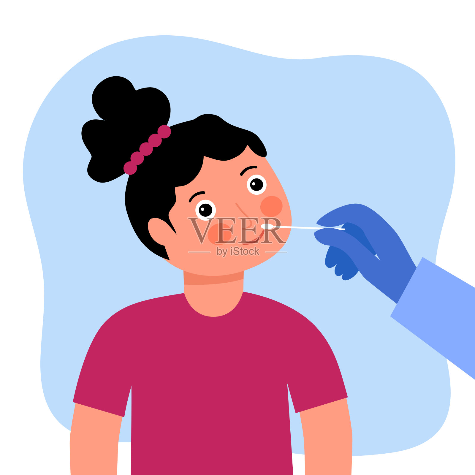 Covid-19冠状病毒检测由专业医务人员、医生或护士进行。接受冠状病毒检测的女童。基于平面设计载体的医院鼻交换探针DNA检测。插画图片素材