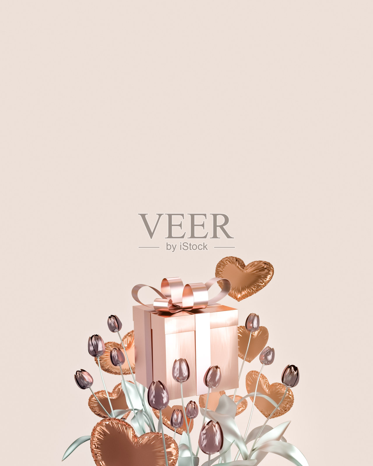 一个带有蝴蝶结、抽象花朵和心形充气气球的礼盒放在浅色的背景上。模板情人节，婚礼邀请，生日贺卡。3 d渲染。照片摄影图片