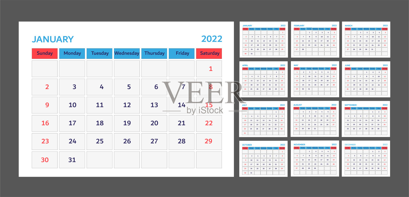 2022年日历设置。平面，简单的日历模板与12个月在深灰色背景。一周从周日开始设计模板素材