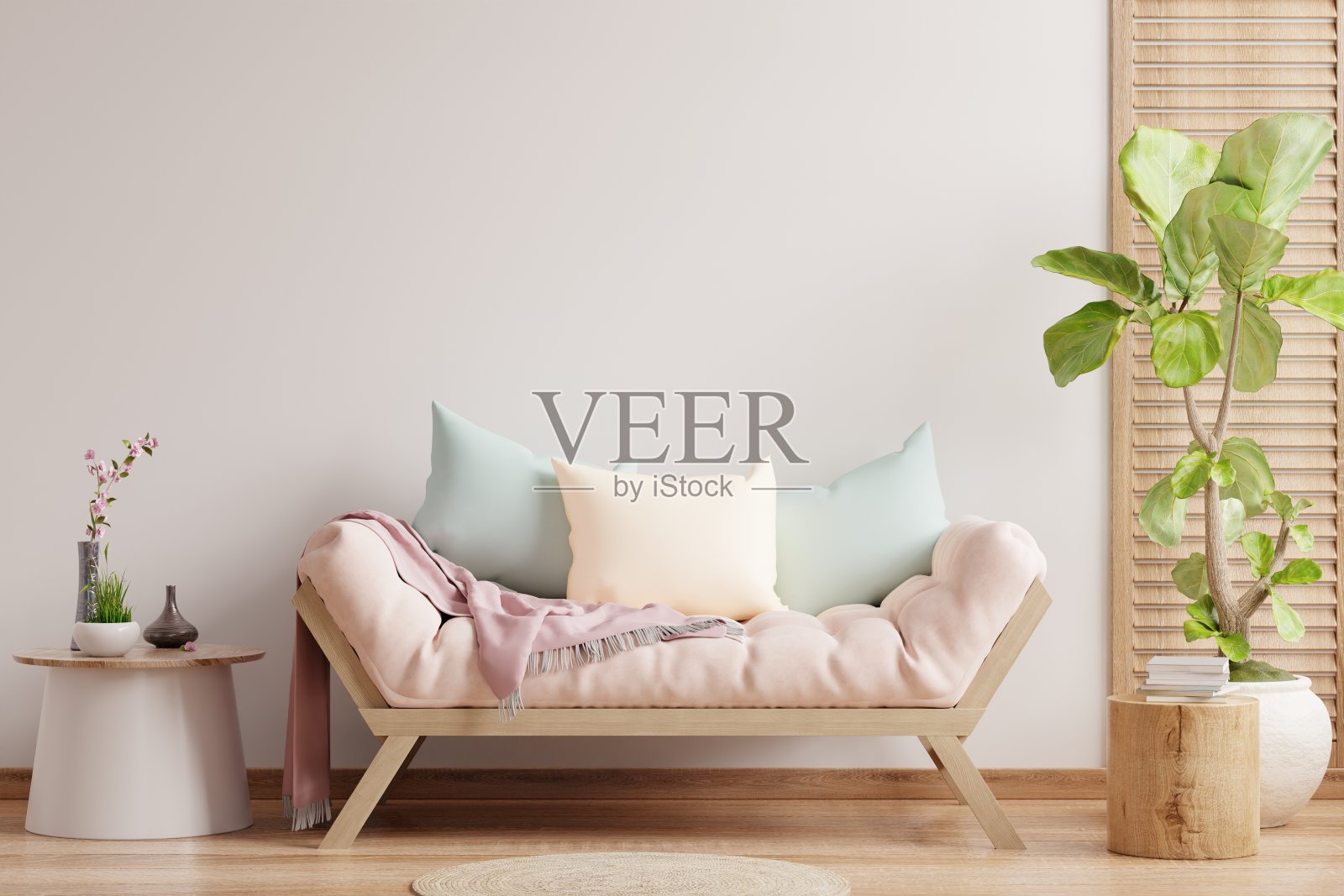 白墙客厅有沙发和装饰。照片摄影图片