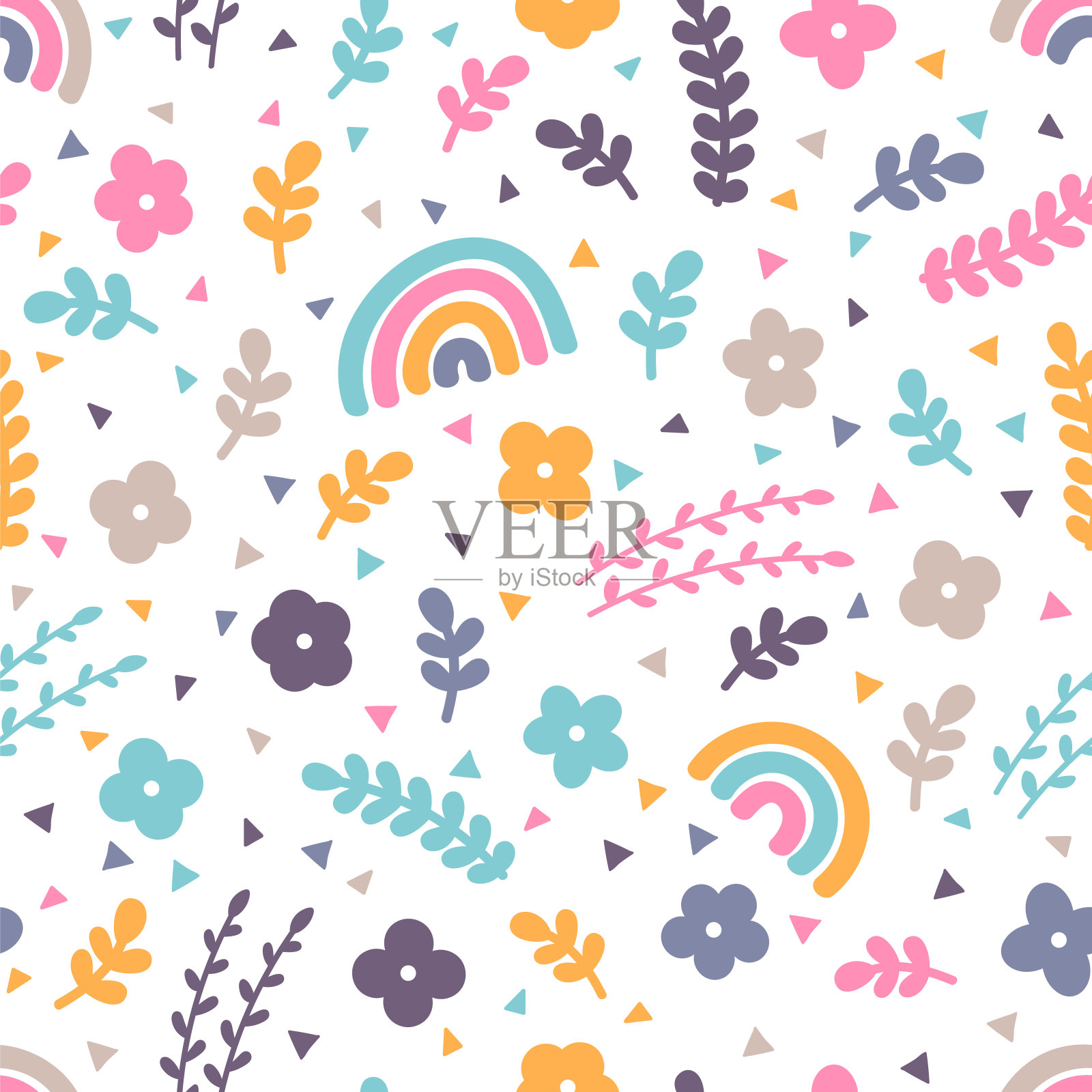 可爱的花卉无缝图案与手绘元素。春天的时间。彩虹,鲜花。斯堪的纳维亚风格插画图片素材