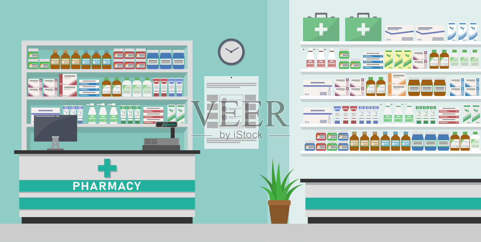 现代化的室内药店或药店与柜台。药物，药丸，胶囊，瓶子，维生素和药片。平面风格的矢量插图插画图片素材