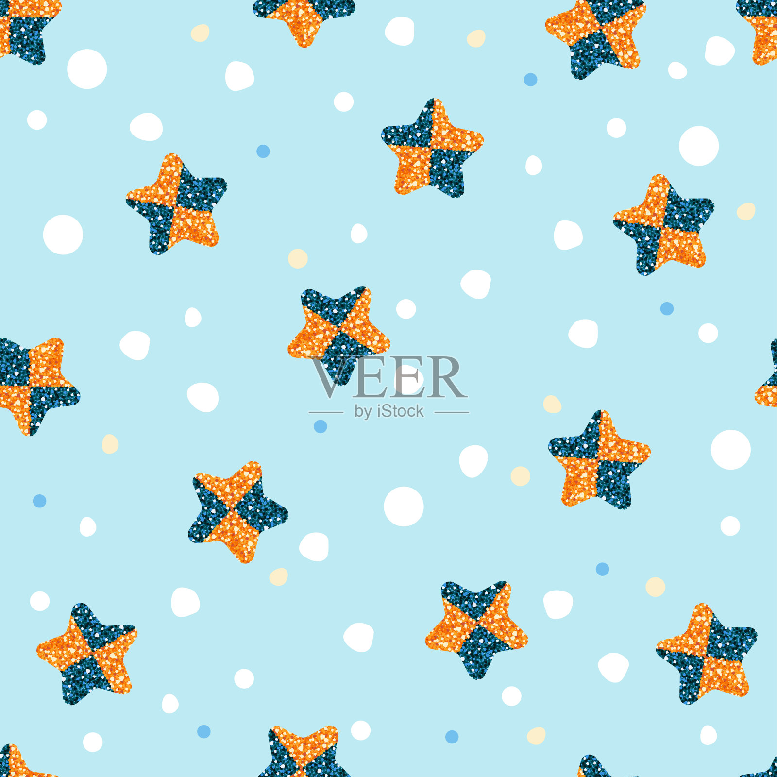 无缝双色星闪光图案在蓝色背景，眨眼矢量图案，儿童图案设计元素图片
