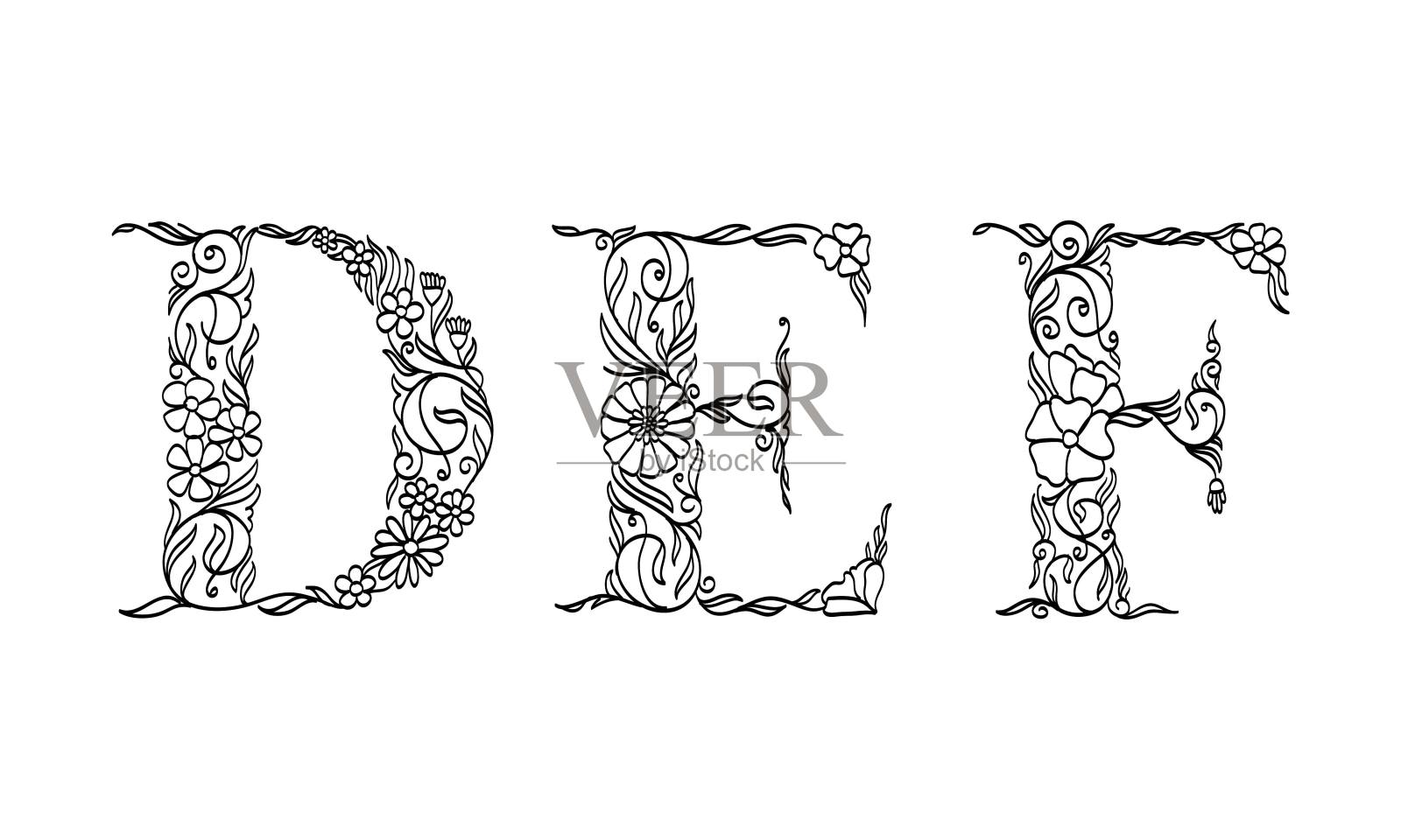 花卉插图字母d, e，和f。设计元素图片