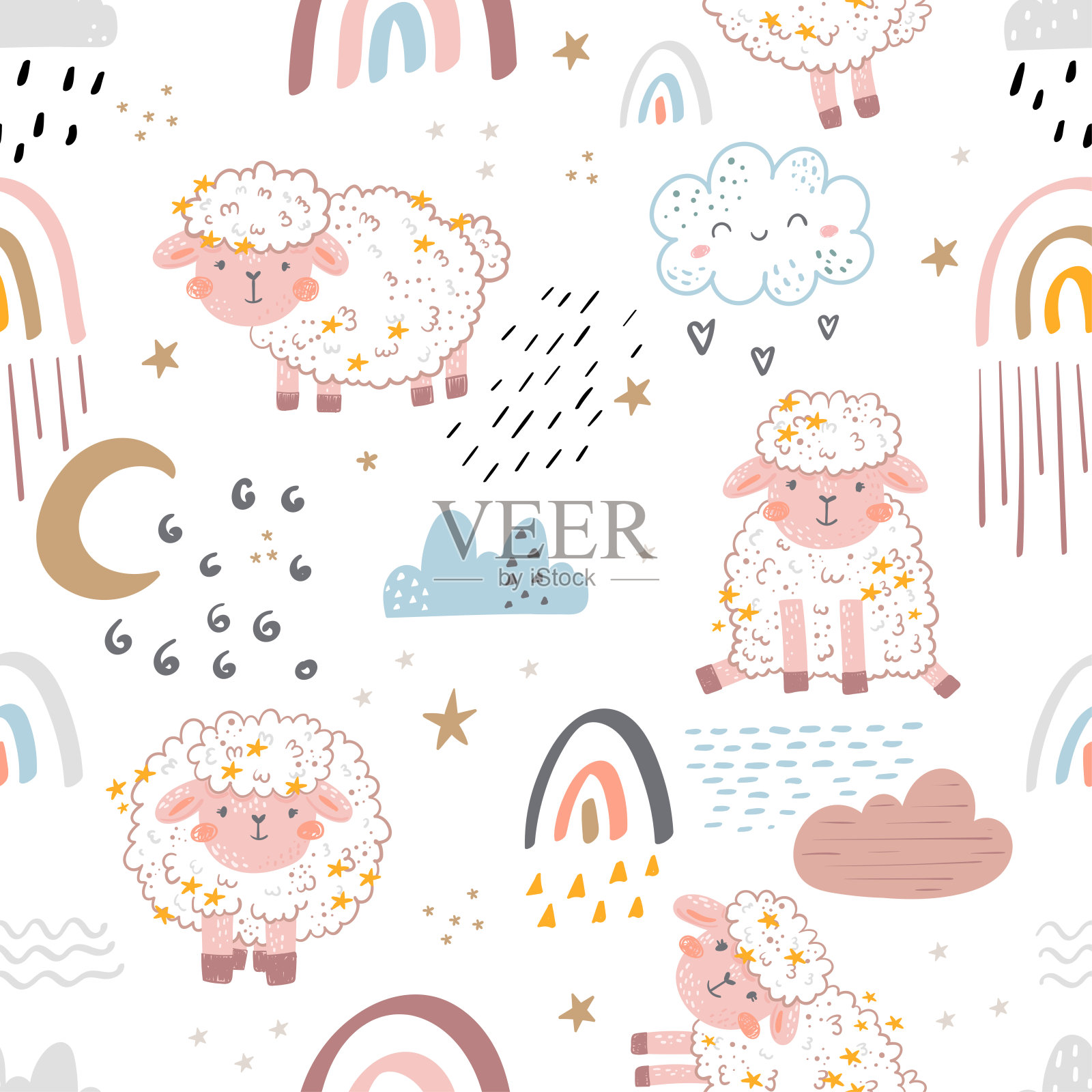 天衣无缝的图案配上可爱的绵羊、月亮、云彩。创意晚安背景。适合童装、布料、纺织品、苗圃装饰、包装纸等。矢量图插画图片素材