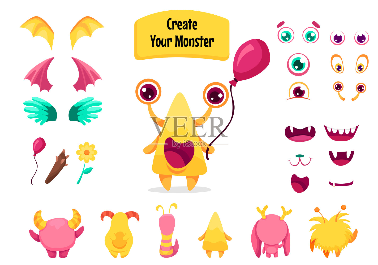 创造你的怪物，收集可爱的外星人和有趣的生物。卡通人物创造工具包与所有元素和身体部位。向量的儿童插图插画图片素材