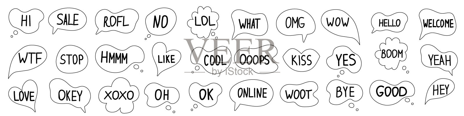 演讲泡泡手画大套。在线聊天云与不同的文字评论信息形状矢量孤立在白色背景上。股票插图设计元素图片
