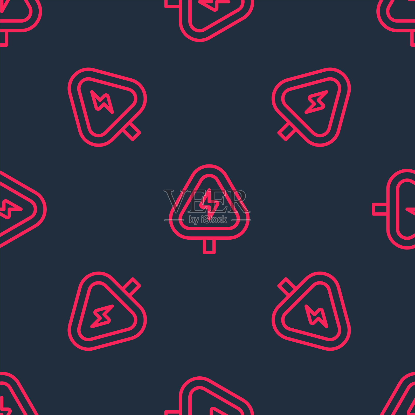 红线高压标志图标孤立无缝模式上的黑色背景。危险的象征。在三角形箭头。警告图标。向量图标素材