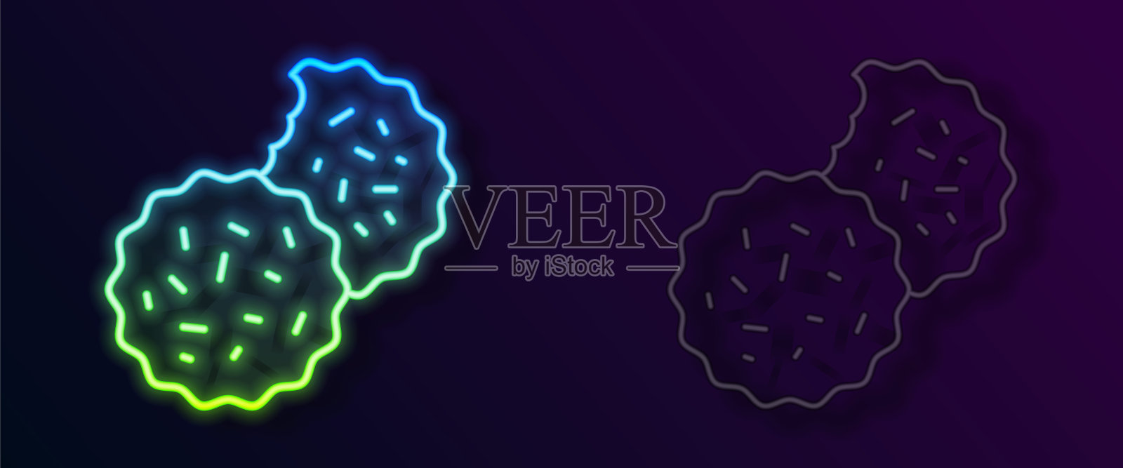 发光霓虹灯线饼干或饼干与巧克力图标孤立在黑色背景。向量插画图片素材